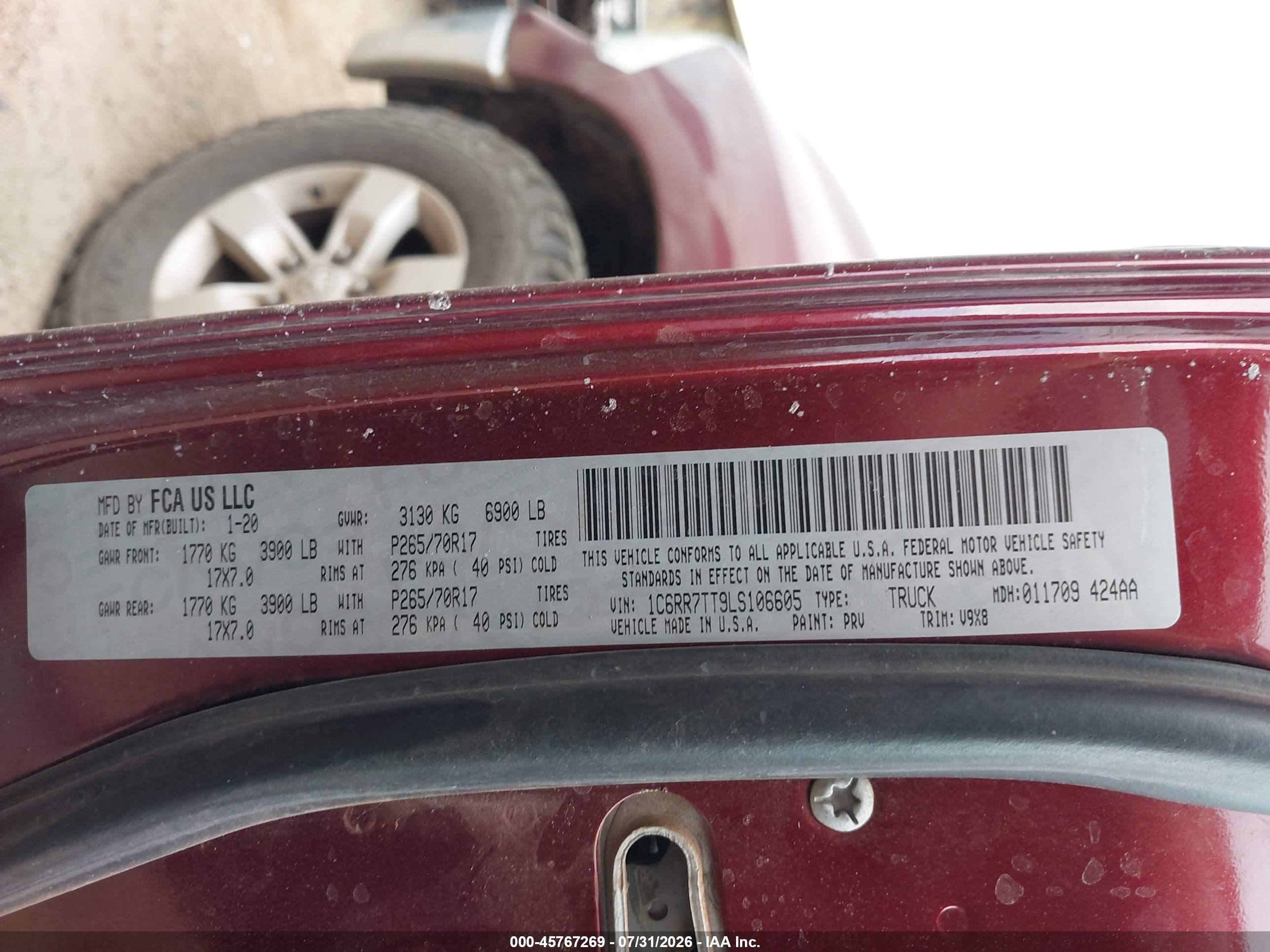 2020 Ram 1500 VIN 1C6RR7TT9LS106605 IAAI salvage auction — Side, Original (Texas), sold $6,300 on 2026-09-30 (photo 9)