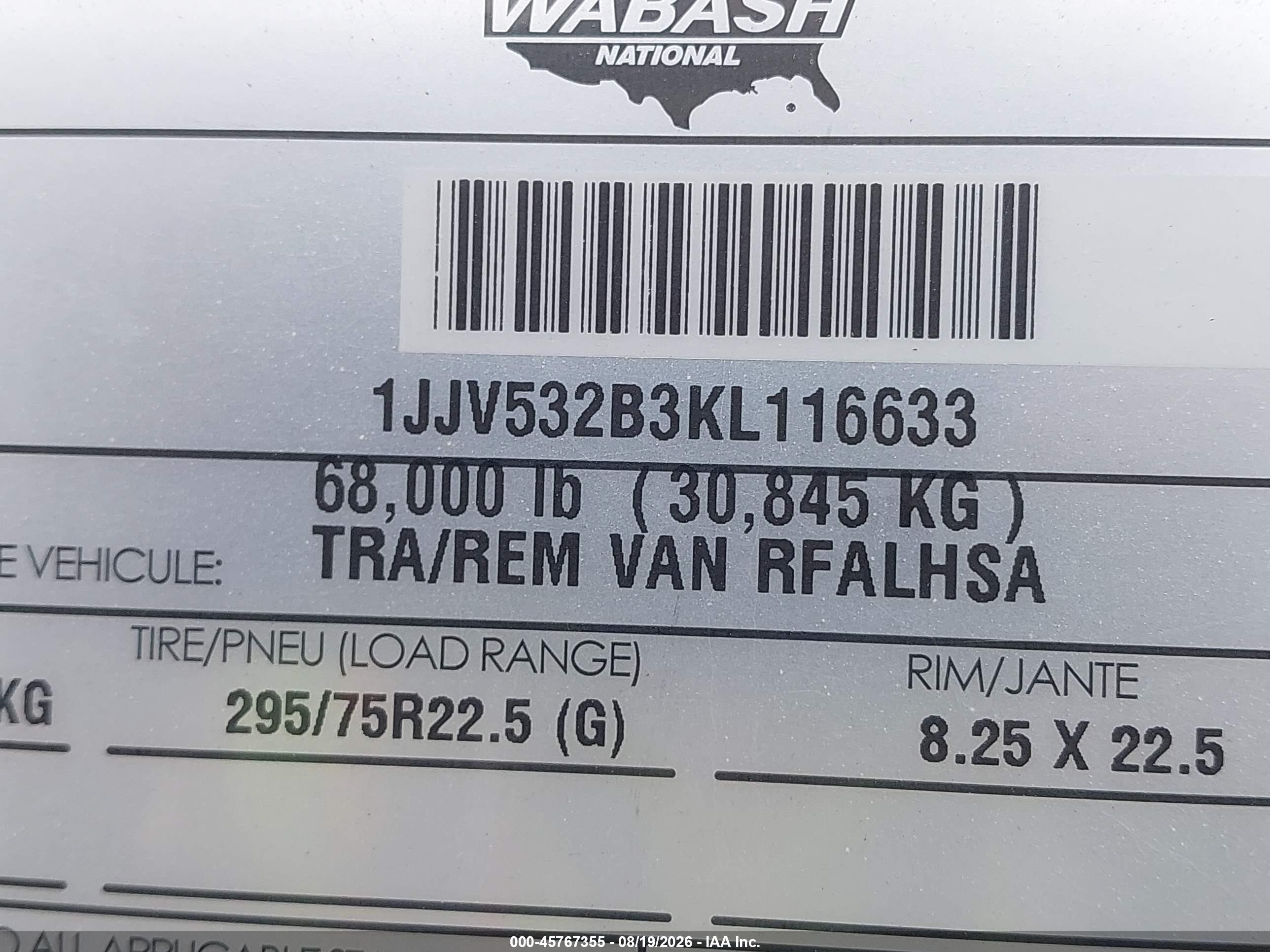 2019 Wabash National Corp Wabash National Corp VIN 1JJV532B3KL116633 IAAI salvage auction — Side, Clear (Washington), sold $9,600 on 2026-09-09 (photo 9)