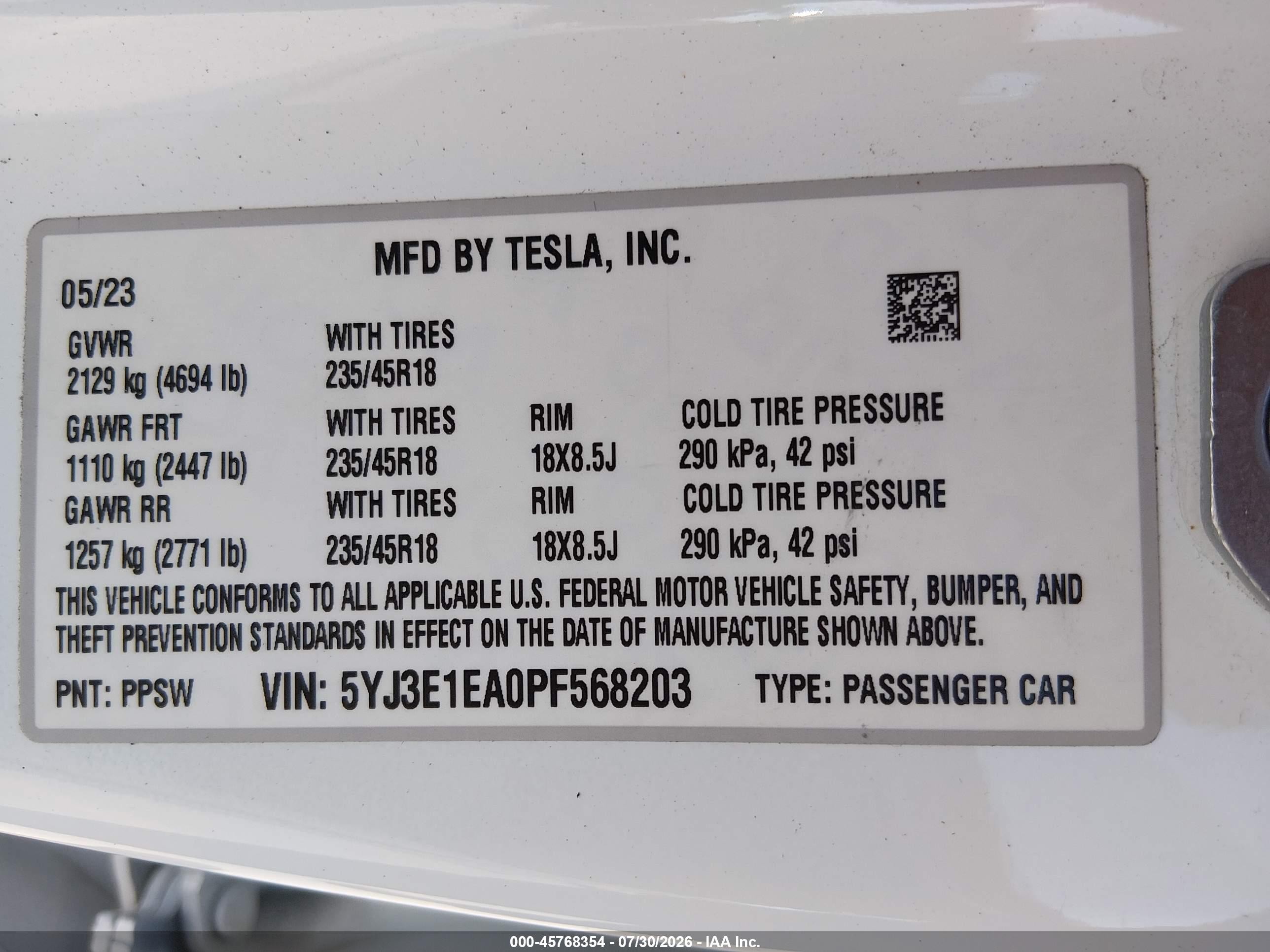 2023 Tesla Model 3 VIN 5YJ3E1EA0PF568203 IAAI salvage auction — Unknown, Salvage (California), sold $7,400 on 2026-09-07 (photo 9)