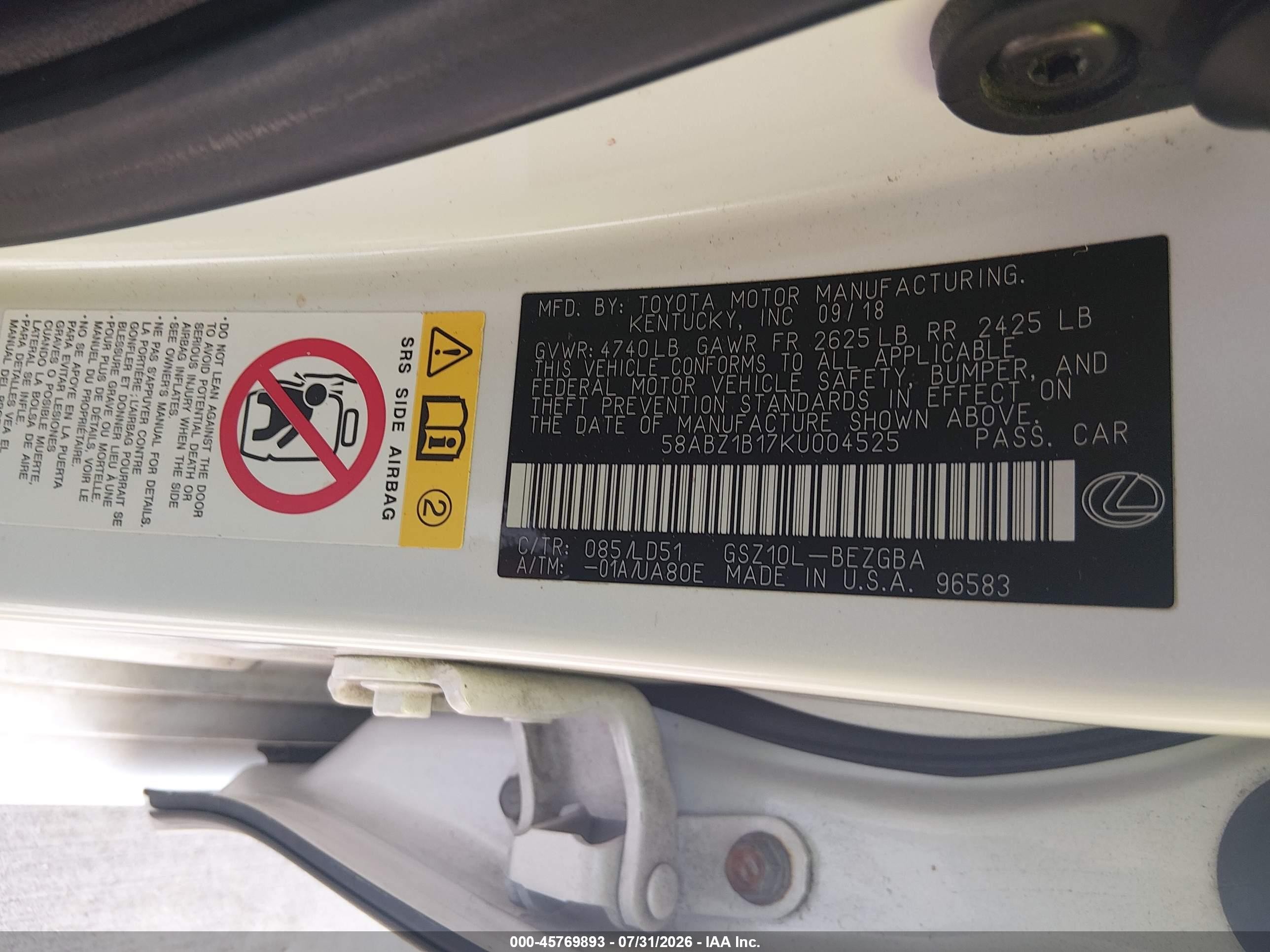 2019 Lexus ES VIN 58ABZ1B17KU004525 IAAI salvage auction — Front End, Salvage (Texas), sold $9,000 on 2026-10-01 (photo 9)