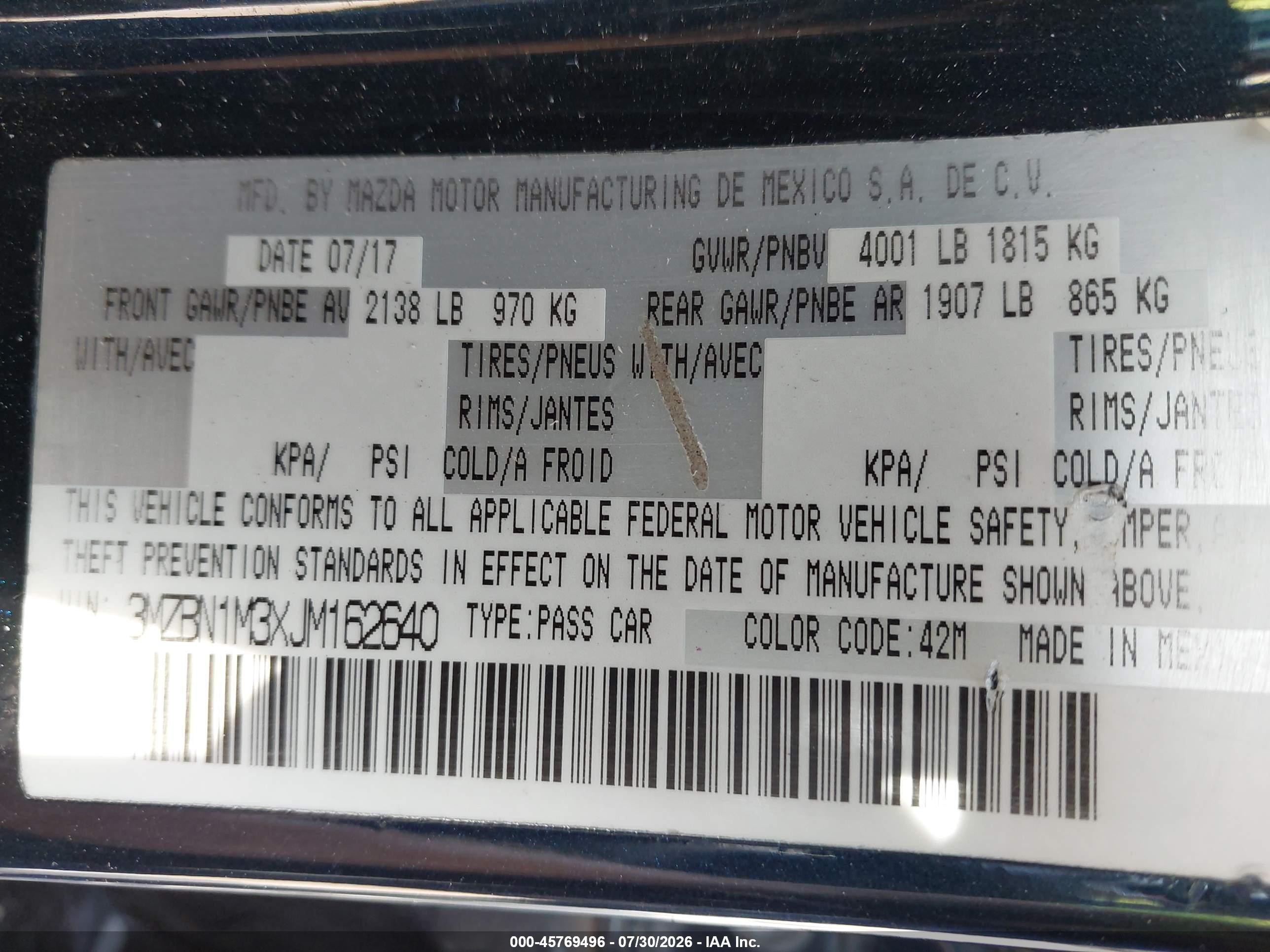 2018 Mazda 3 VIN 3MZBN1M3XJM162640 IAAI salvage auction — Rear End, Clear (Wisconsin), sold $1,650 on 2026-09-03 (photo 9)