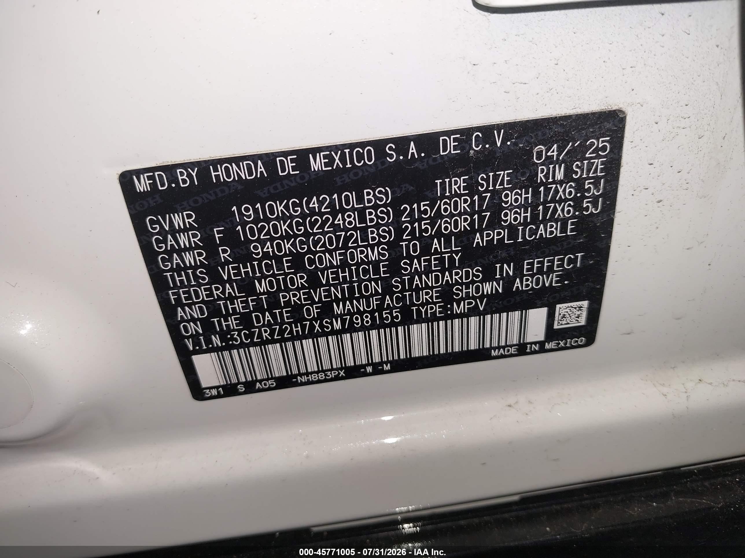 2025 Honda HR-V VIN 3CZRZ2H7XSM798155 IAAI salvage auction — Side, Salvage (Pennsylvania), sold $9,300 on 2026-09-12 (photo 9)