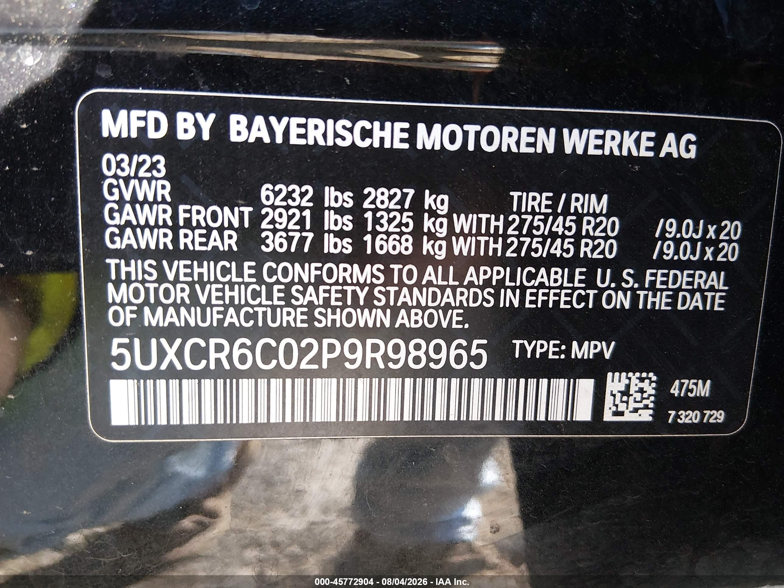 2023 BMW X5 VIN 5UXCR6C02P9R98965 IAAI salvage auction — Water/Flood, Salvage (New Jersey), sold $24,200 on 2026-09-11 (photo 9)