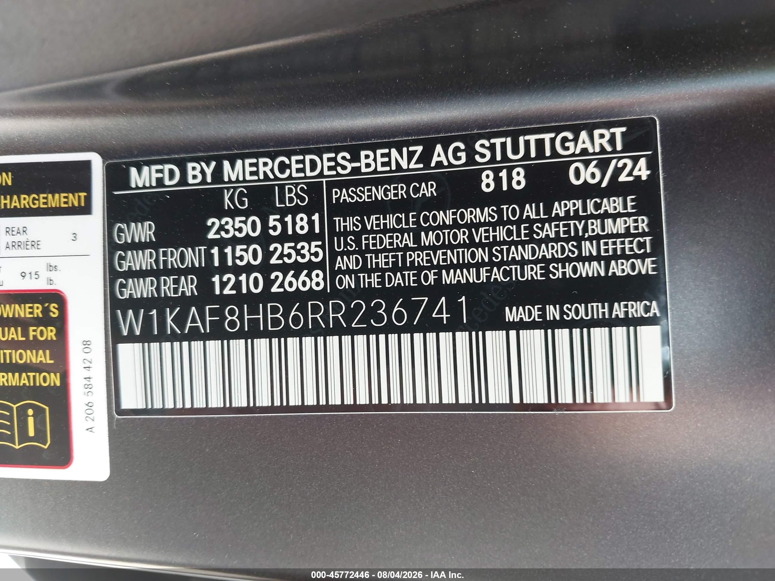 2024 Mercedes-Benz C-Class VIN W1KAF8HB6RR236741 IAAI salvage auction — Water/Flood, Salvage (Texas), sold $20,900 on 2026-09-12 (photo 9)
