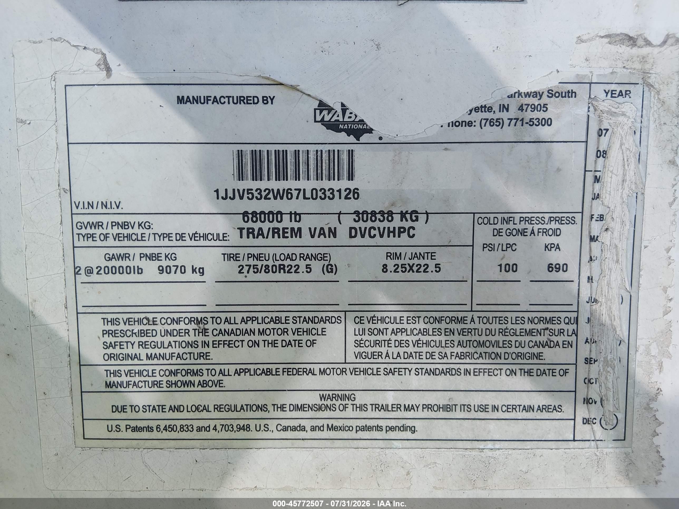 2007 Wabash National Corp Van VIN 1JJV532W67L033126 IAAI salvage auction — Rear End, Original (Texas), sold $2,050 on 2026-09-09 (photo 9)