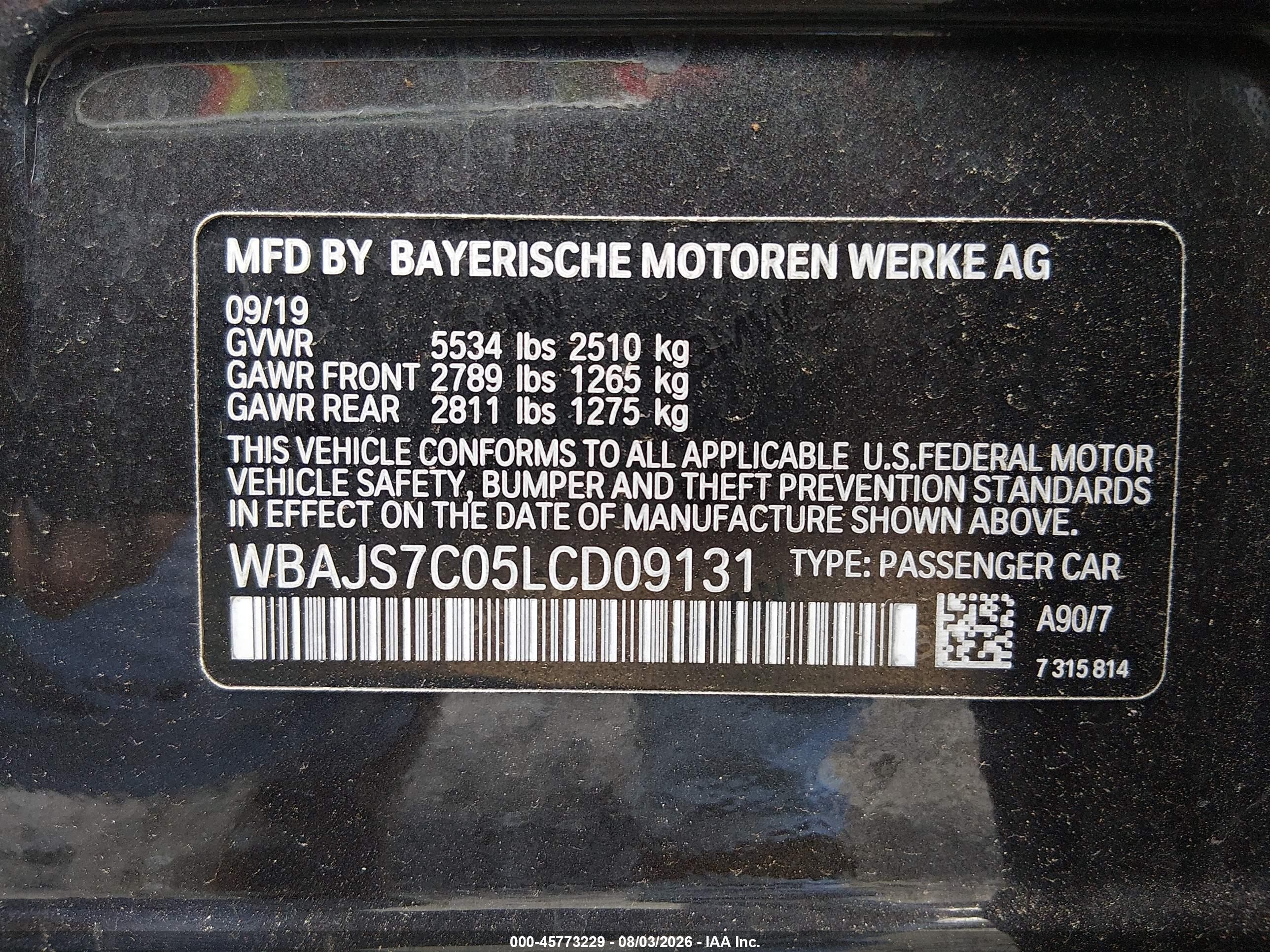 2020 BMW M550i xDrive VIN WBAJS7C05LCD09131 IAAI salvage auction — Rear End, Salvage (New Jersey), sold $14,300 on 2026-09-18 (photo 9)