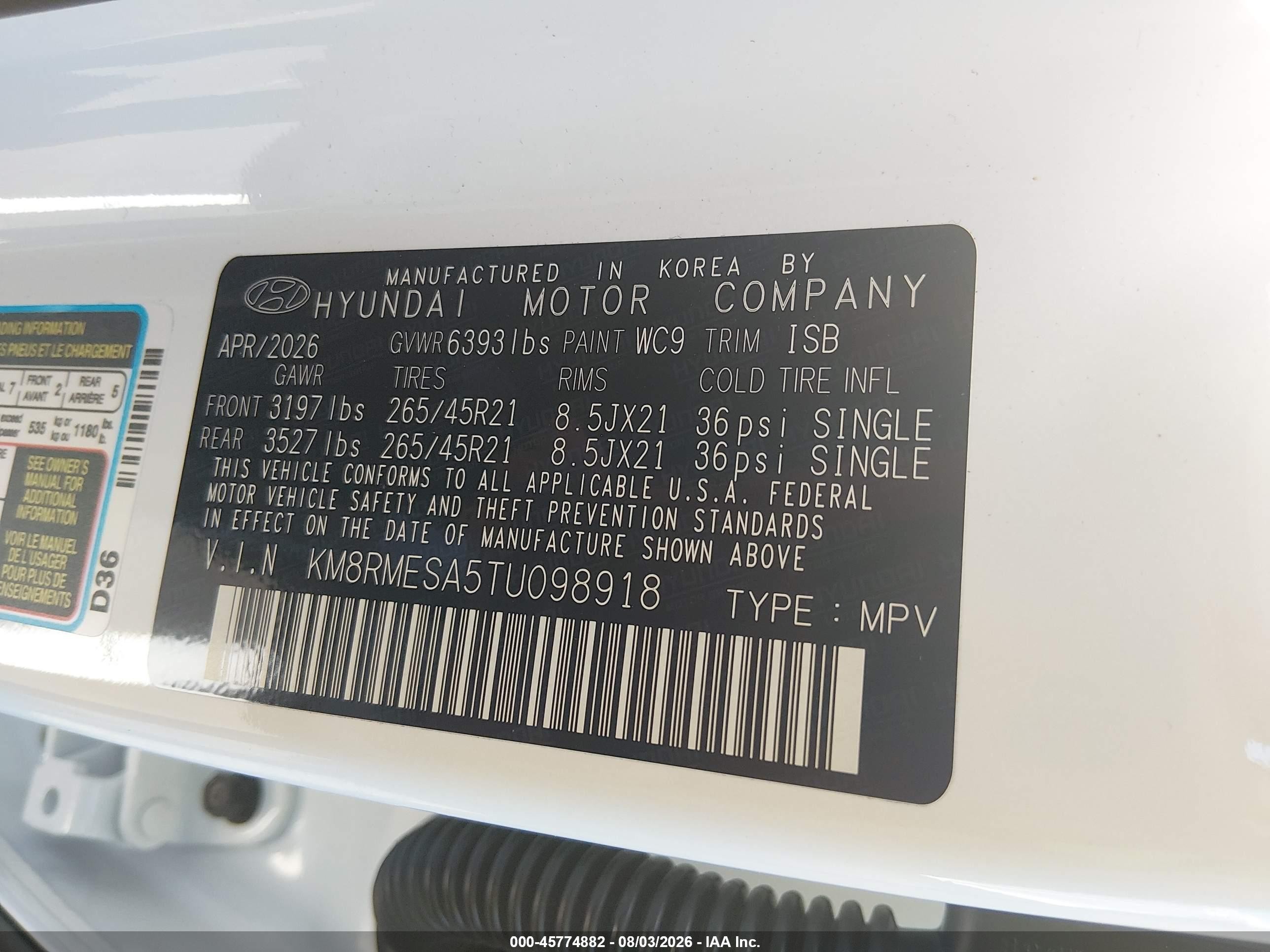 2026 Hyundai Palisade VIN KM8RMESA5TU098918 IAAI salvage auction — Rear End, Salvage (Tennessee), sold $23,500 on 2026-09-21 (photo 9)