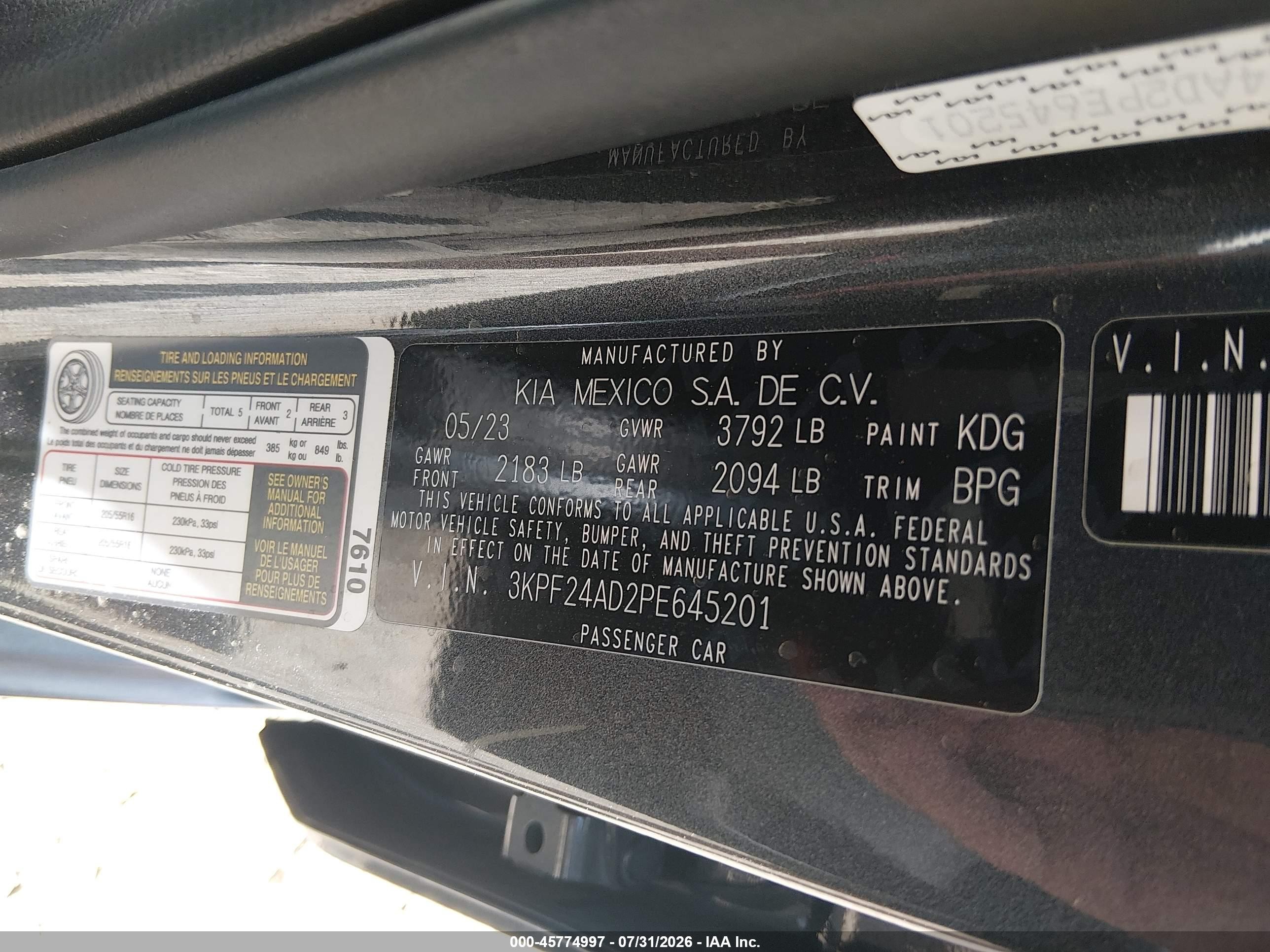 2023 Kia Forte VIN 3KPF24AD2PE645201 IAAI salvage auction — Water/Flood, Certificate Of Destruction (Louisiana), sold $3,400 on 2026-09-04 (photo 9)