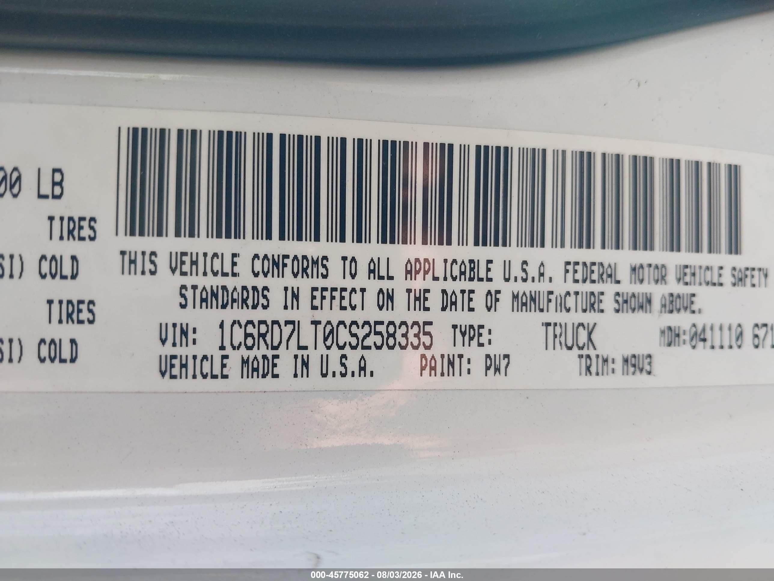 2012 Ram 1500 VIN 1C6RD7LT0CS258335 IAAI salvage auction — Front End, Salvage Certificate (California), sold $2,100 on 2026-09-12 (photo 9)