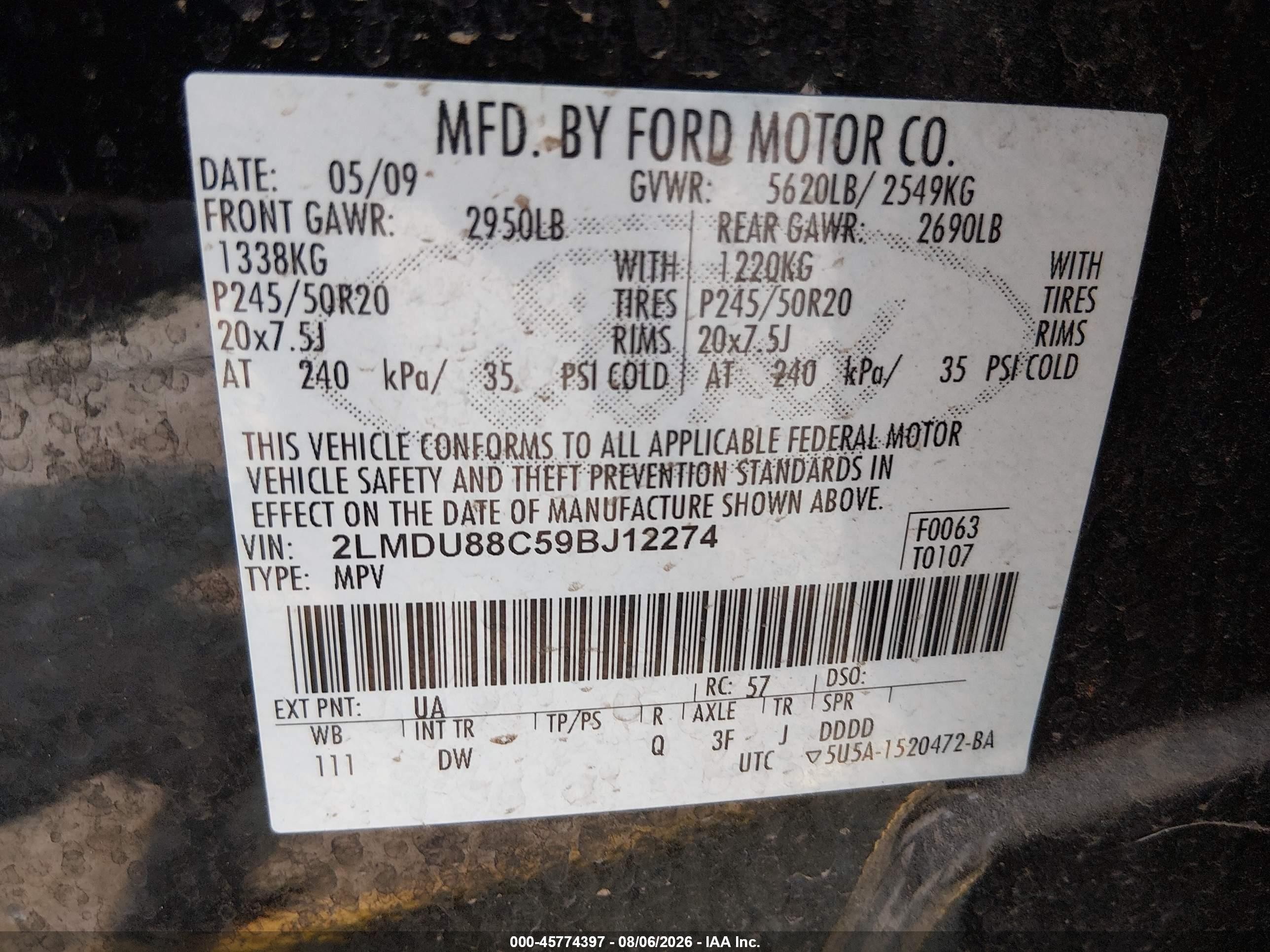 2009 Lincoln Mkx VIN 2LMDU88C59BJ12274 IAAI salvage auction — Side, Salvage (Oregon), sold $400 on 2026-09-22 (photo 9)