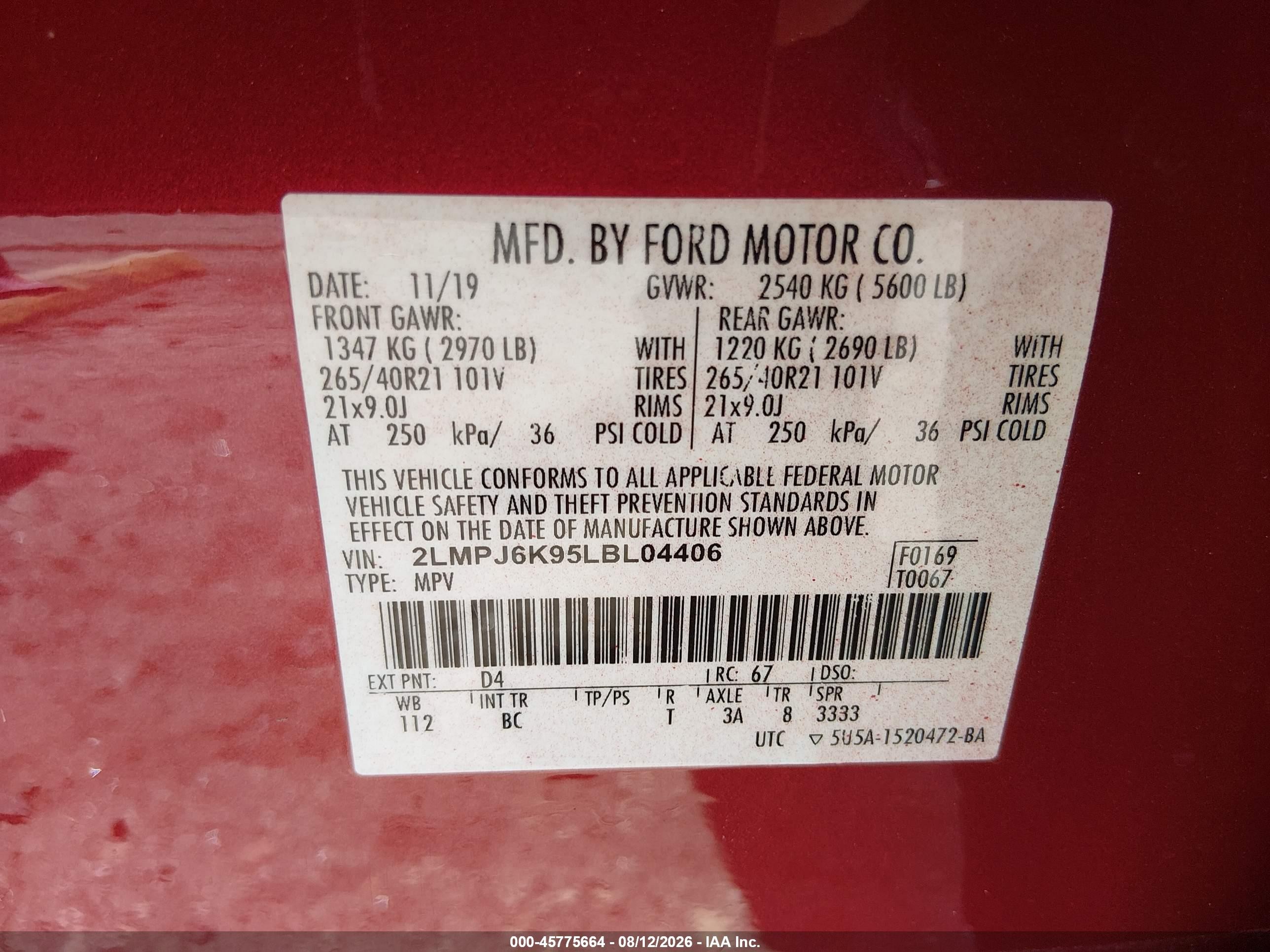 2020 Lincoln Nautilus VIN 2LMPJ6K95LBL04406 IAAI salvage auction — Rear End, Original (Texas), sold $7,100 on 2026-09-12 (photo 9)