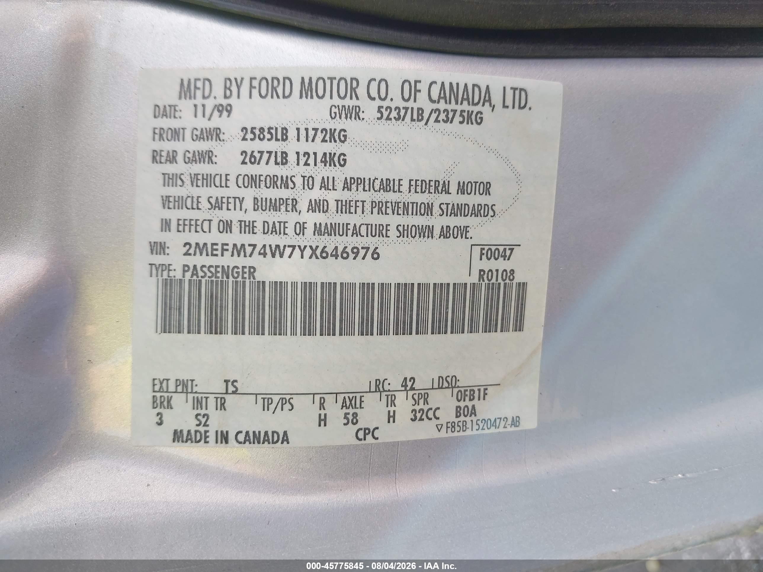 2000 Mercury Grand marquis VIN 2MEFM74W7YX646976 IAAI salvage auction — Rear End, Clear (Indiana), sold $350 on 2026-09-11 (photo 9)