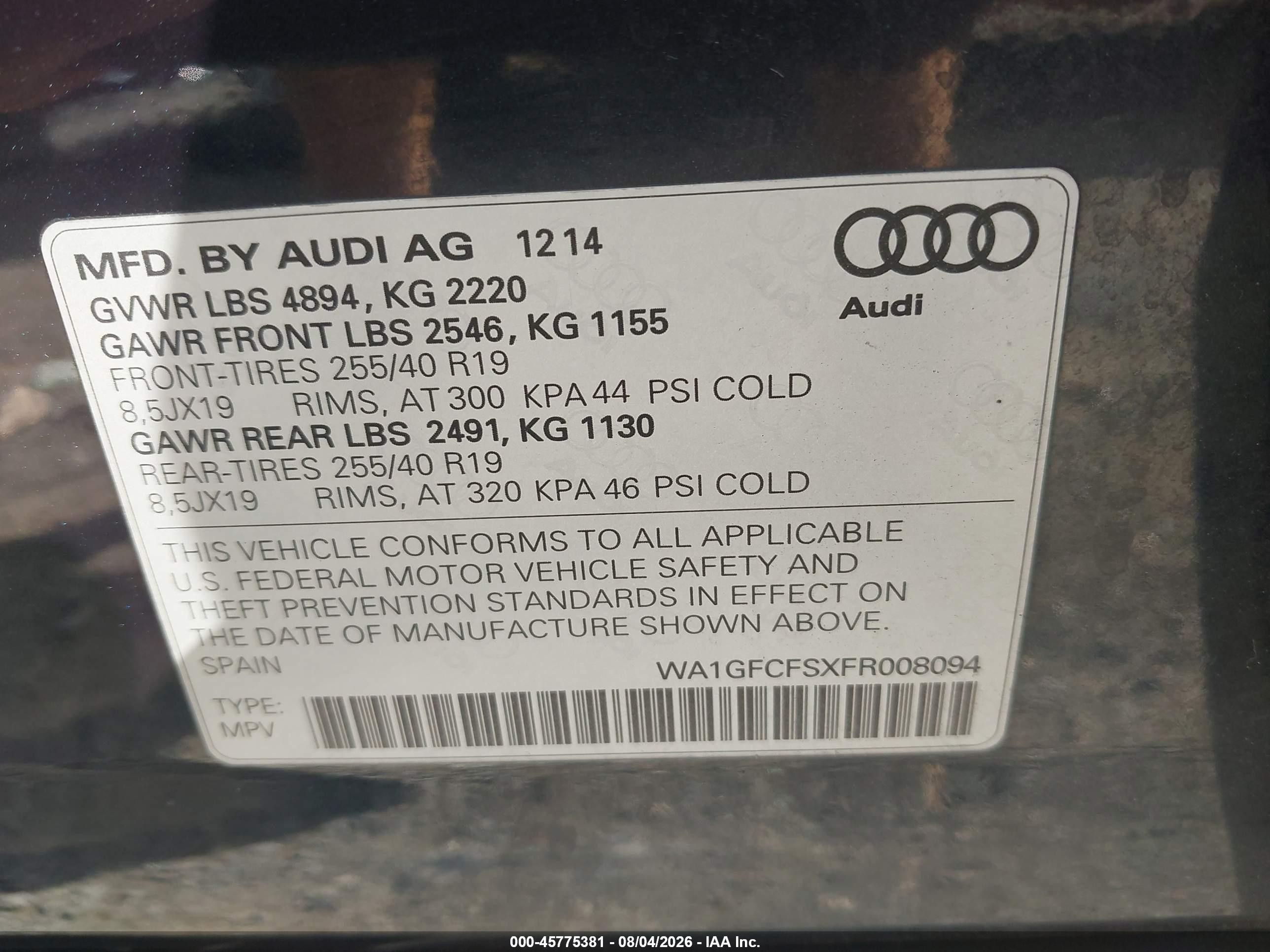 2015 Audi Q3 VIN WA1GFCFSXFR008094 IAAI salvage auction — Front End, Wait Title, sold $2,000 on 2026-09-20 (photo 9)