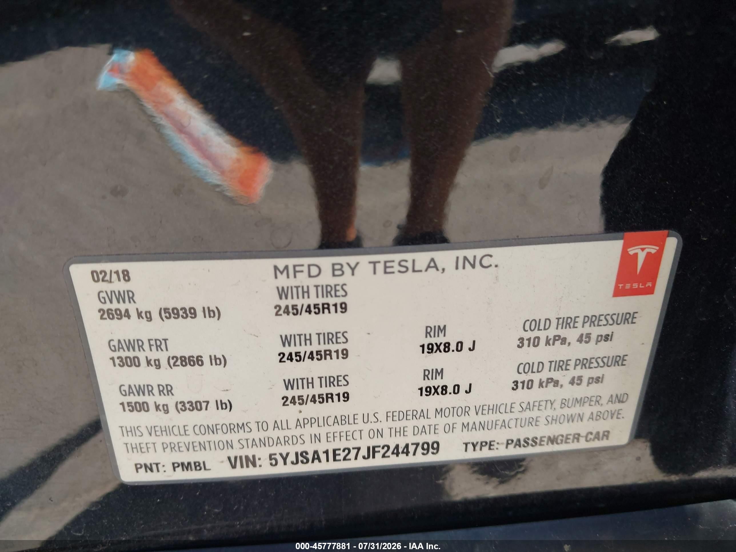 2018 Tesla Model s VIN 5YJSA1E27JF244799 IAAI salvage auction — Front End, Salvage (Utah), sold $7,600 on 2026-10-05 (photo 9)