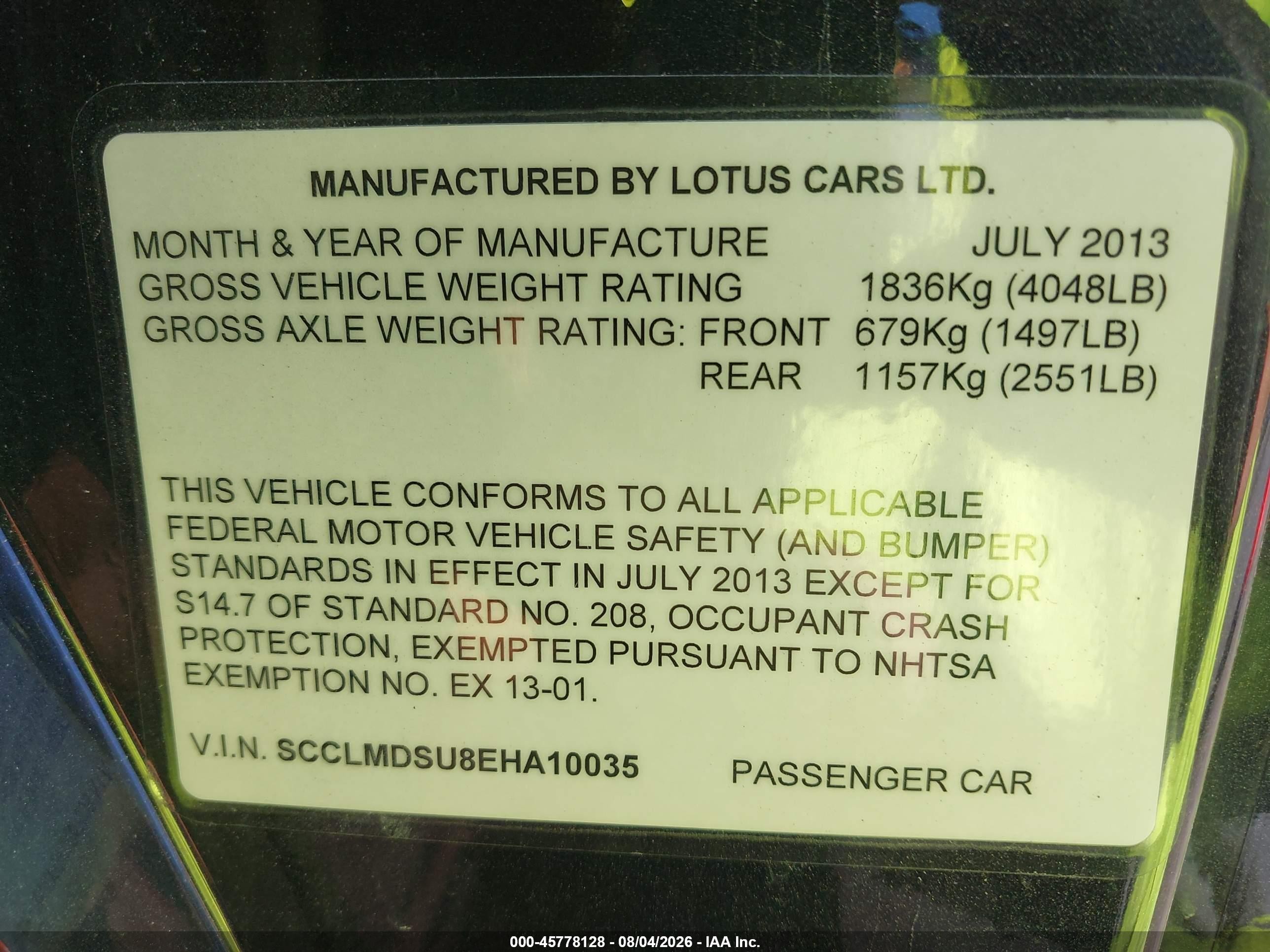 2014 Lotus Evora VIN SCCLMDSU8EHA10035 IAAI salvage auction — Front End, Clear (Michigan), sold $16,900 on 2026-08-27 (photo 9)