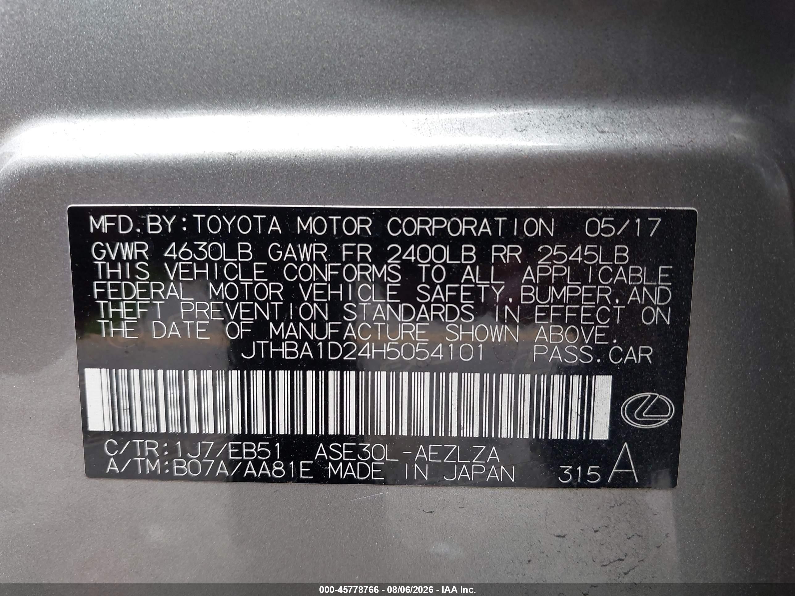 2017 Lexus VIN JTHBA1D24H5054101 IAAI salvage auction — Rear End, Rebuildable (Florida), sold $6,775 on 2026-09-12 (photo 9)
