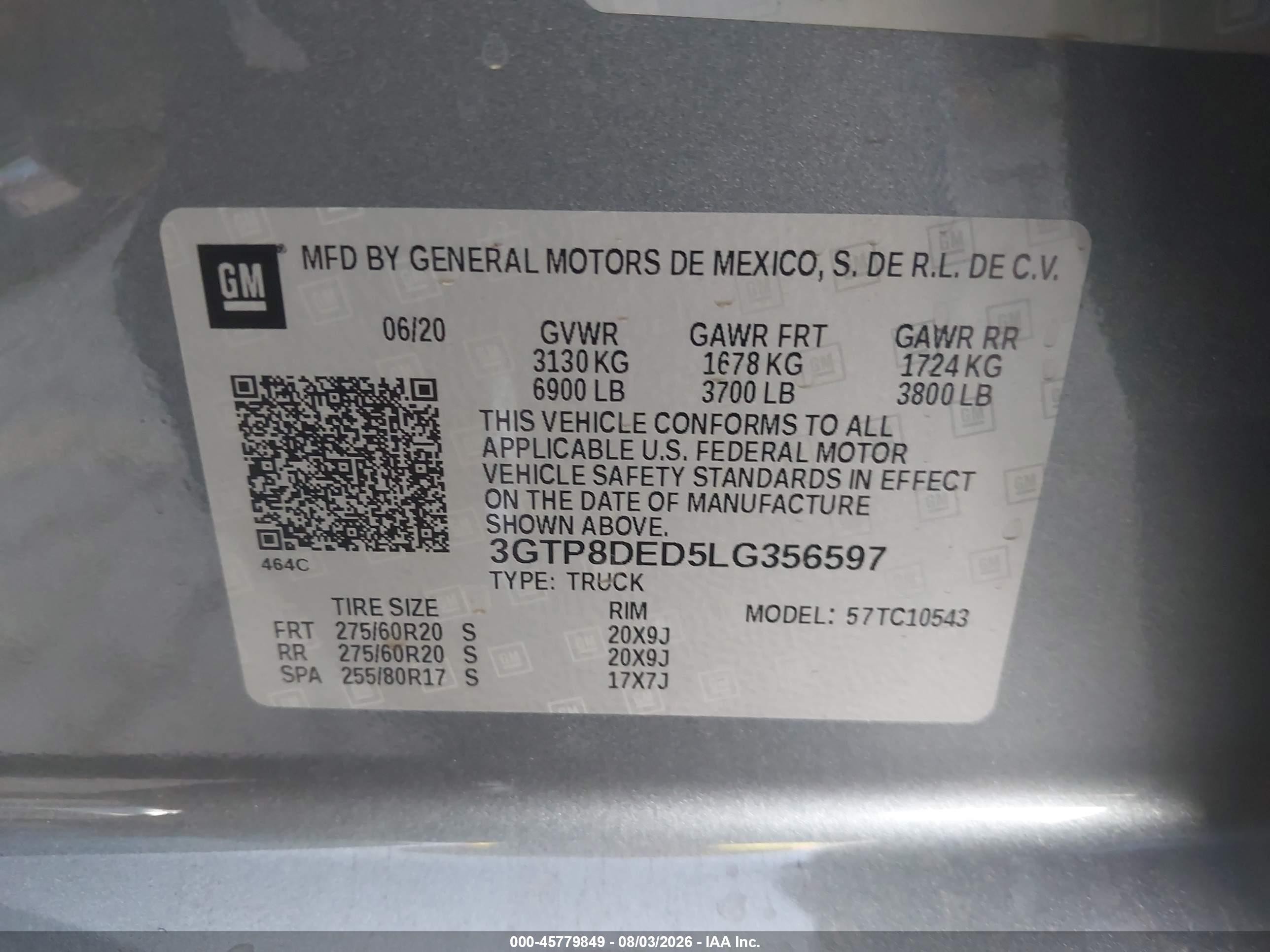 2020 Gmc SIERRA VIN 3GTP8DED5LG356597 IAAI salvage auction — Side, Salvage (California), sold $9,500 on 2026-09-03 (photo 9)