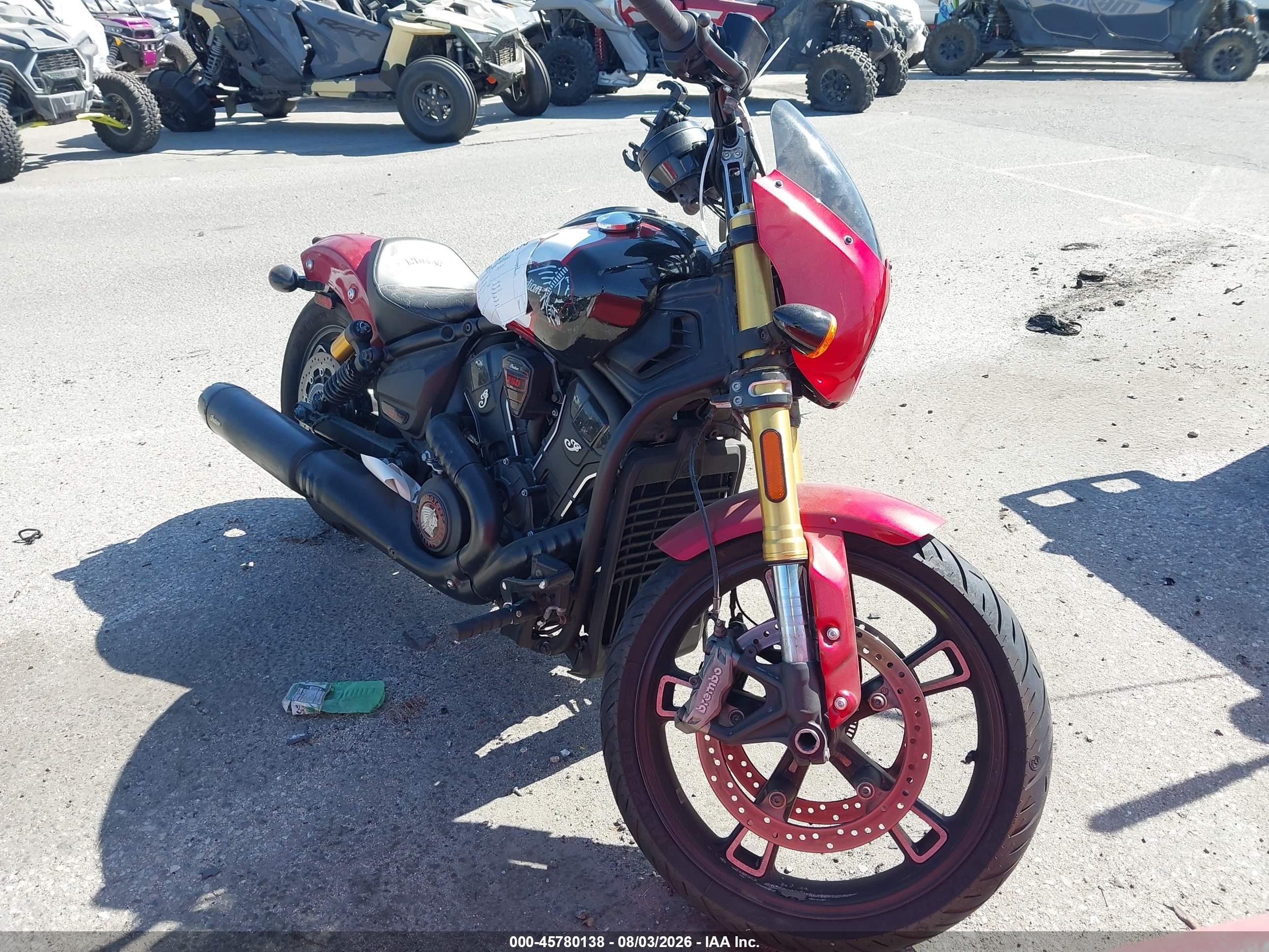 2025 Indian Motorcycle Co. 101 Scout VIN 56KSSE777S3206043 IAAI salvage auction — Front End, Salvage (California), sold $6,800 on 2026-09-24 (photo 1)