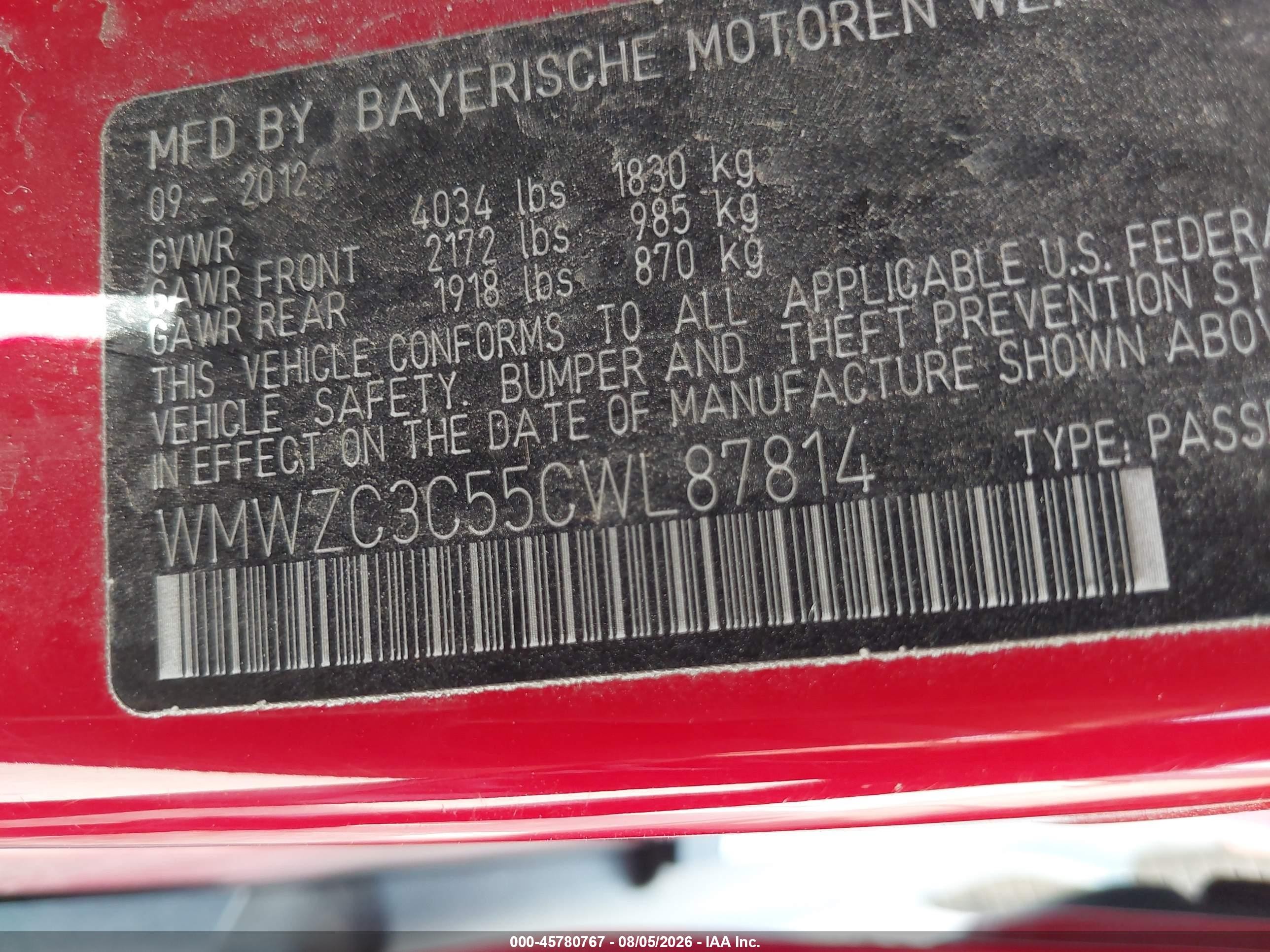 2012 Mini Cooper VIN WMWZC3C55CWL87814 IAAI salvage auction — Front End, Original (Texas), sold $1,050 on 2026-09-13 (photo 9)