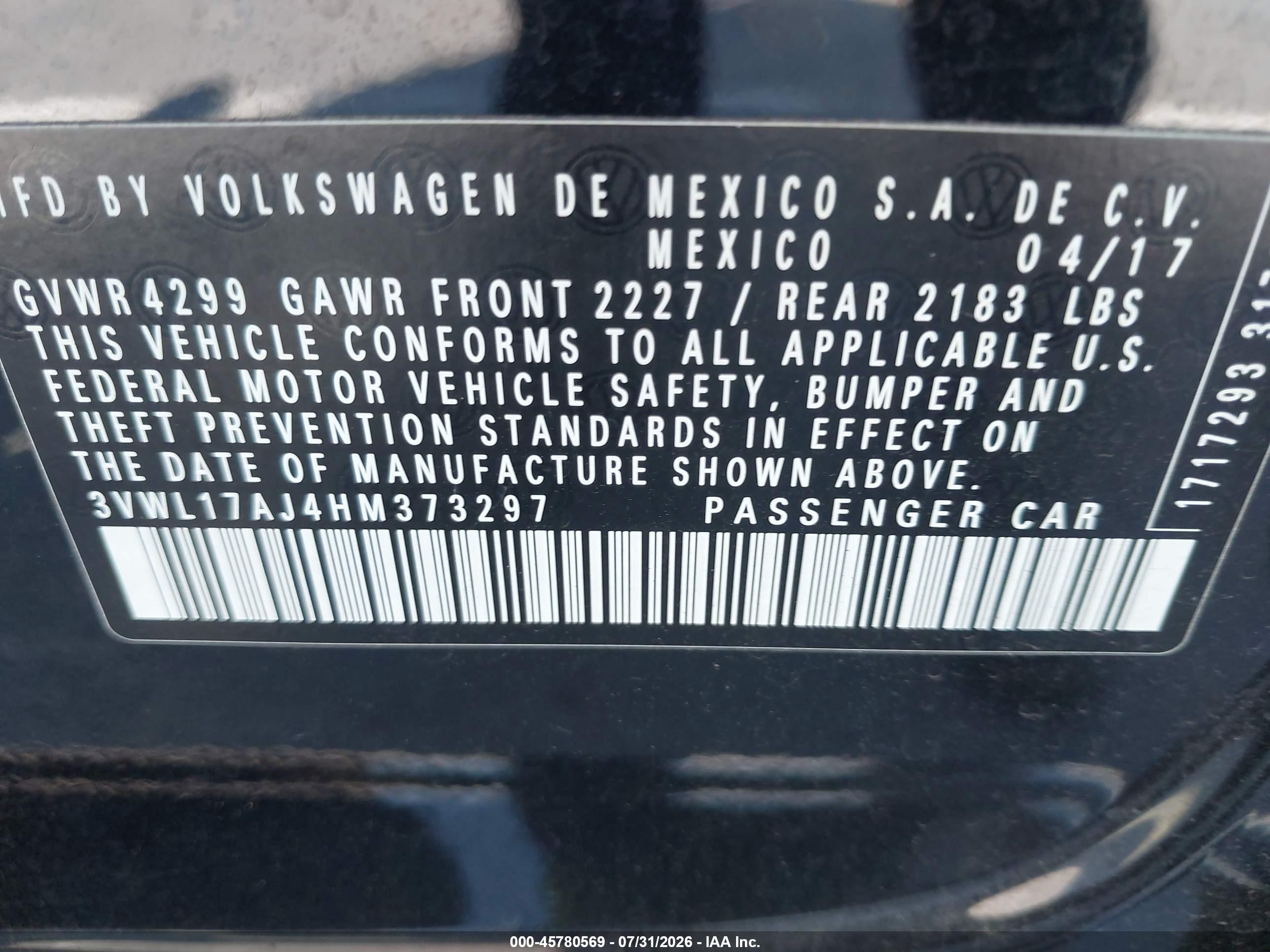 2017 Volkswagen Jetta VIN 3VWL17AJ4HM373297 IAAI salvage auction — Unknown, Salvage (California), sold $1,750 on 2026-09-11 (photo 9)