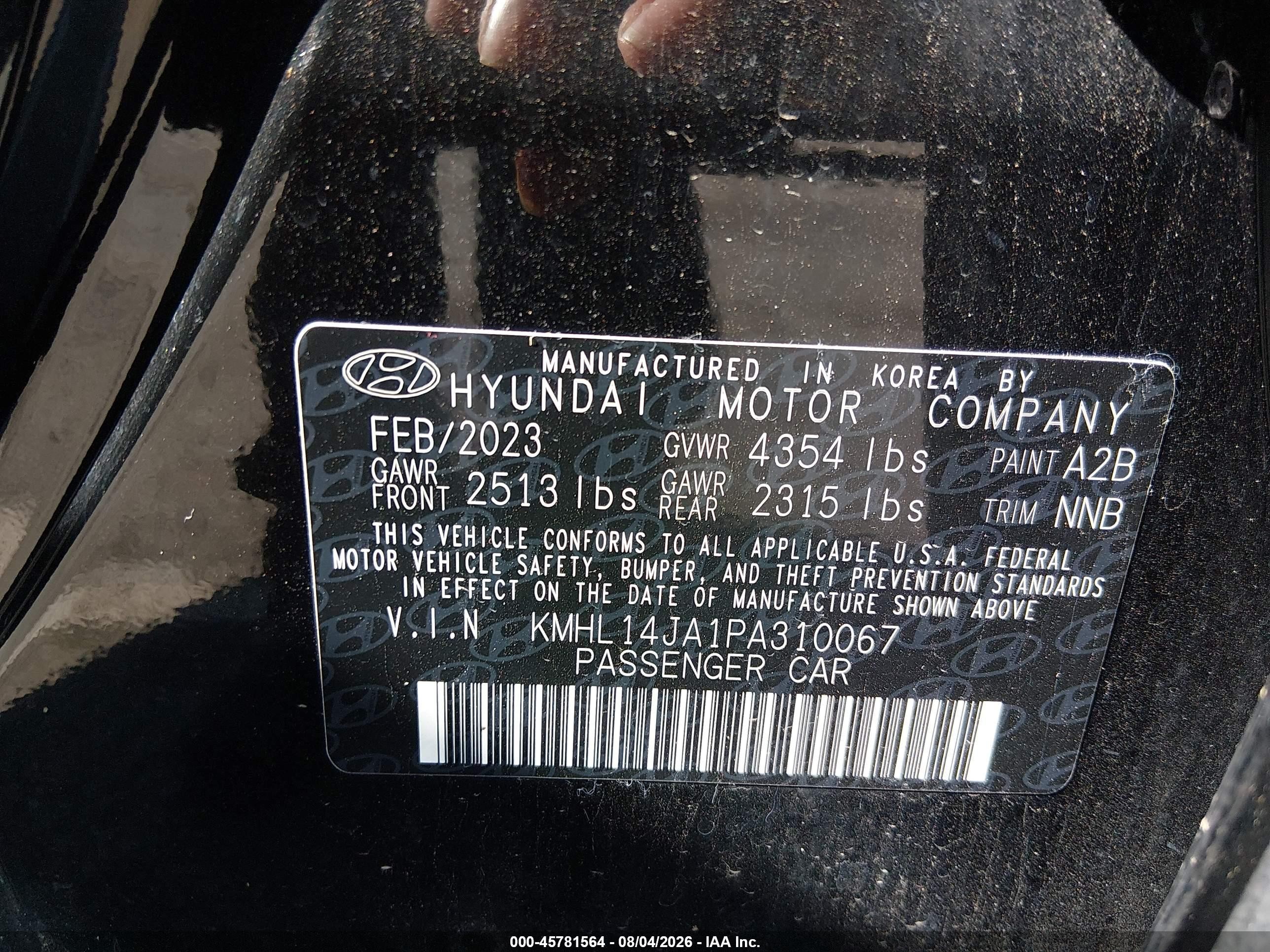 2023 Hyundai Sonata VIN KMHL14JA1PA310067 IAAI salvage auction — Rear End, Salvage (New Jersey), sold $5,300 on 2026-09-23 (photo 9)