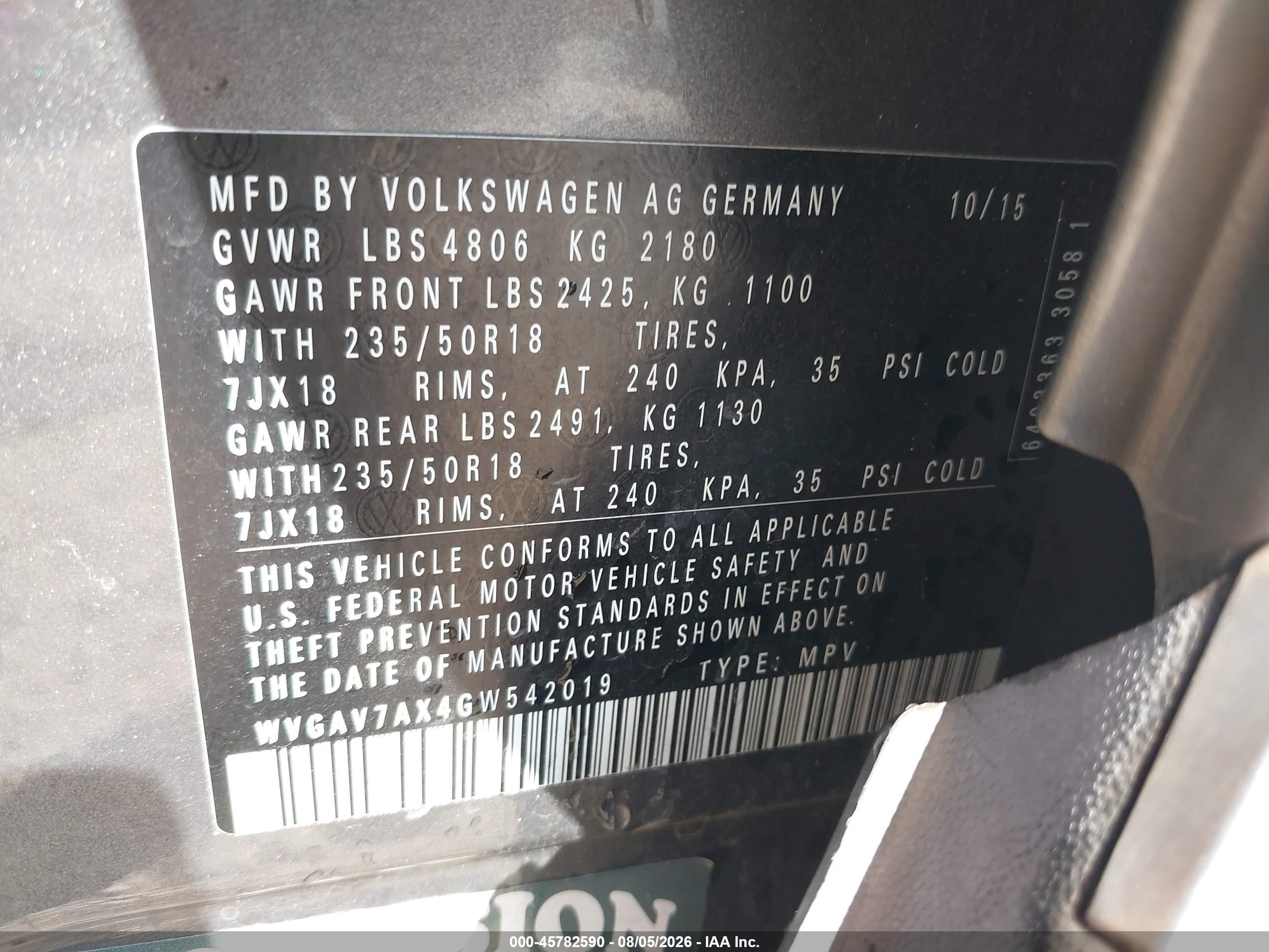 2016 Volkswagen Tiguan VIN WVGAV7AX4GW542019 IAAI salvage auction — Front End, Salvage (Alabama), sold $1,350 on 2026-09-25 (photo 9)