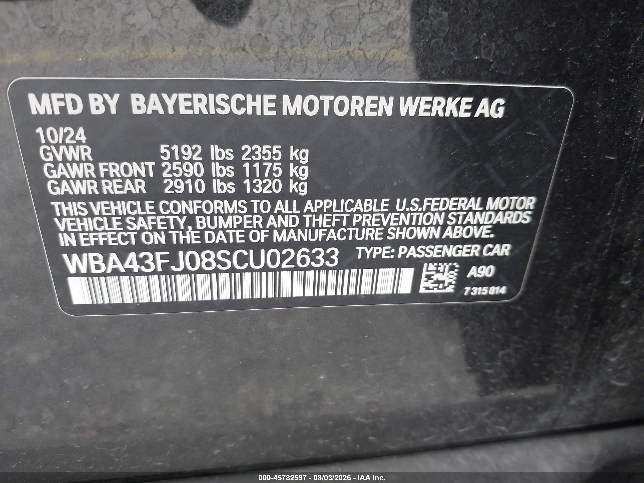2025 BMW 5 Series VIN WBA43FJ08SCU02633 IAAI salvage auction — Front End, Clear (Florida), sold $25,250 on 2026-08-09 (photo 9)