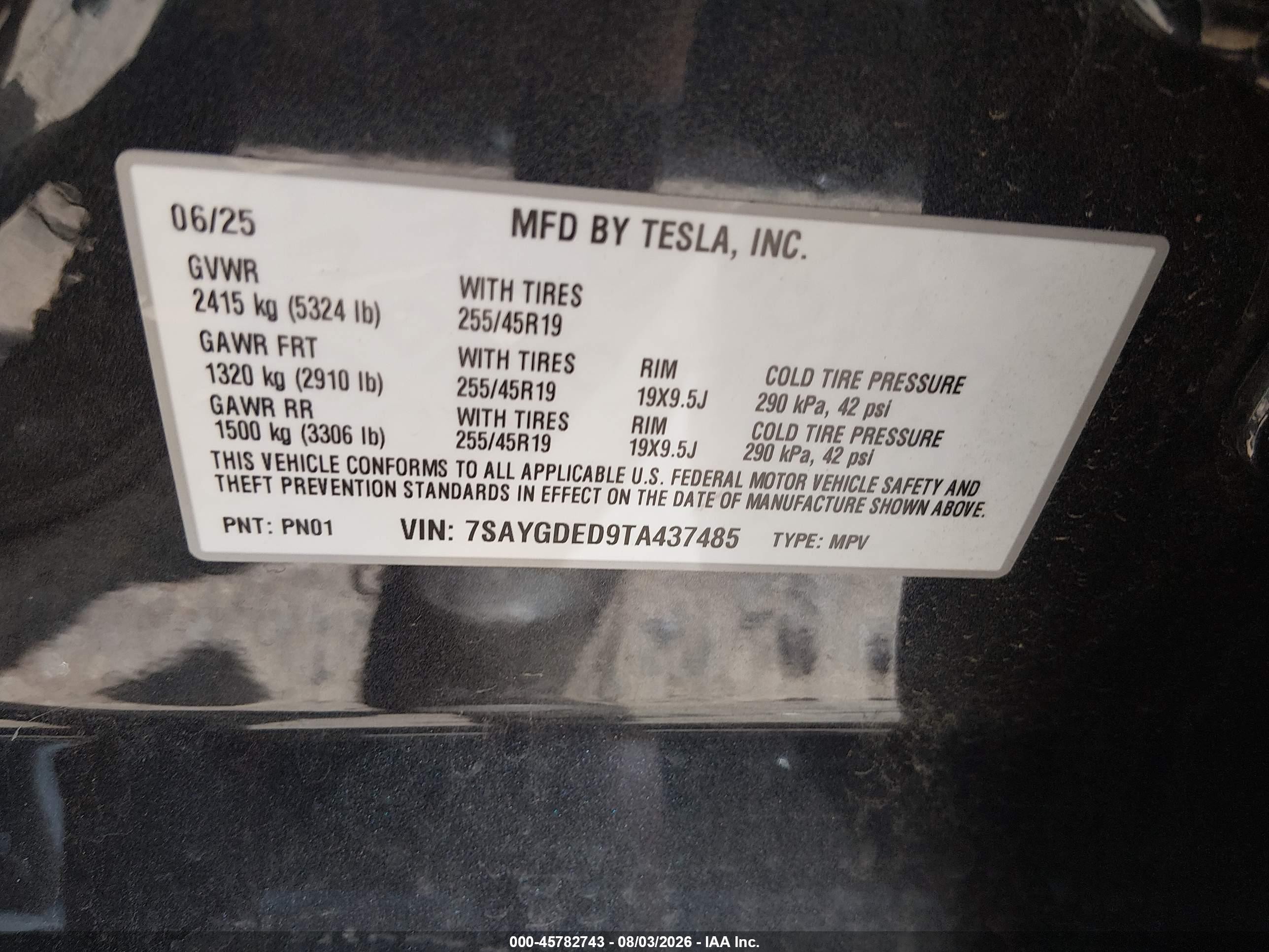 2026 Tesla Model y VIN 7SAYGDED9TA437485 IAAI salvage auction — Unknown, Salvage (North Carolina), sold $22,200 on 2026-09-10 (photo 9)