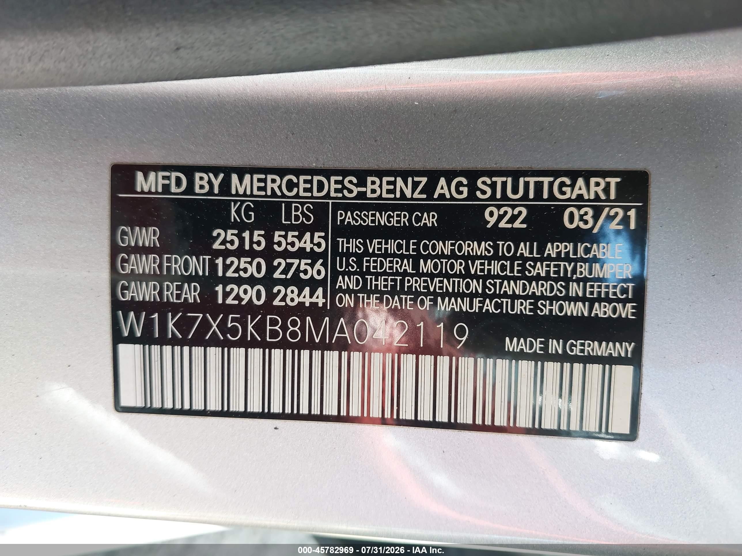 2021 Mercedes-Benz AMG-Class VIN W1K7X5KB8MA042119 IAAI salvage auction — Undercarriage, Salvage (California), sold $26,000 on 2026-09-16 (photo 9)