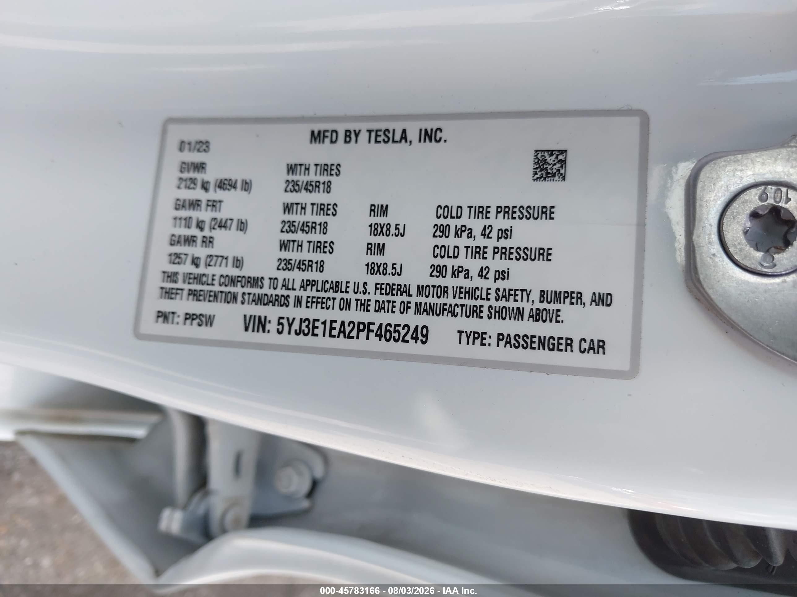 2023 Tesla Model 3 VIN 5YJ3E1EA2PF465249 IAAI salvage auction — Rear End, Salvage (Mississippi), sold $7,600 on 2026-09-10 (photo 9)