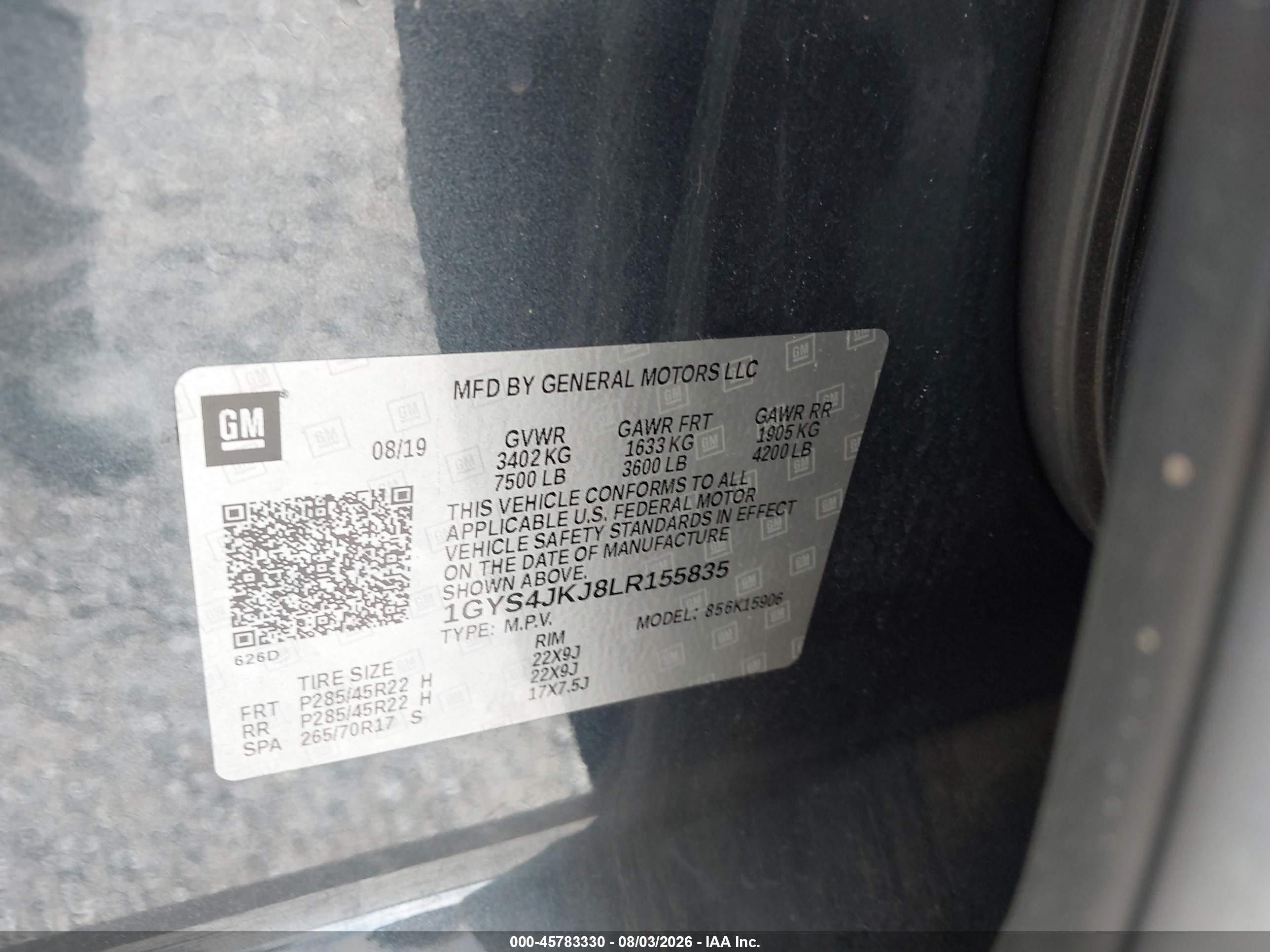 2020 Cadillac Escalade ESV VIN 1GYS4JKJ8LR155835 IAAI salvage auction — Front End, Certificate Of Destruction (Florida), sold $4,500 on 2026-09-12 (photo 9)