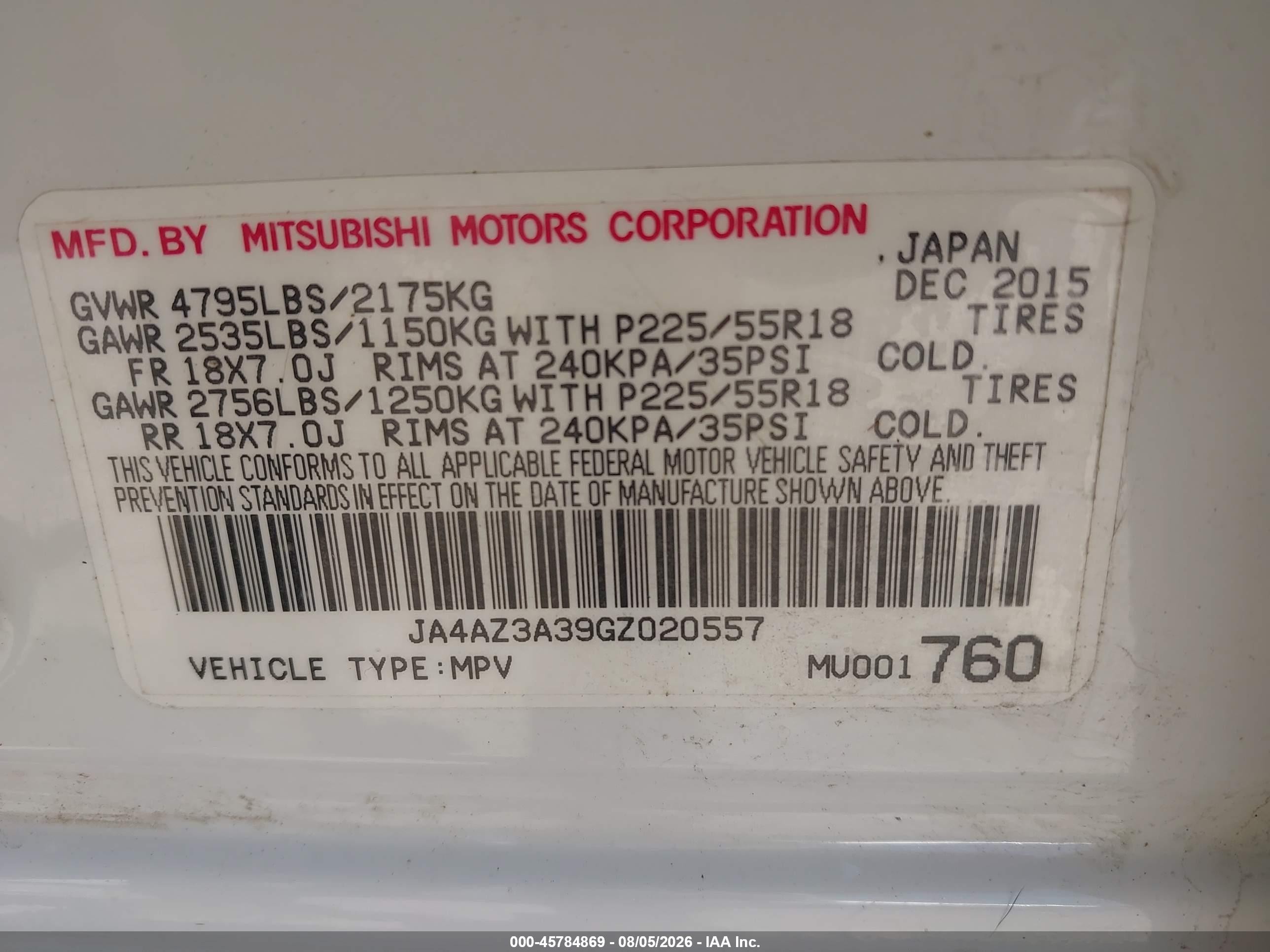 2016 Mitsubishi Outlander VIN JA4AZ3A39GZ020557 IAAI salvage auction — Front End, Mv-907A (New York), sold $650 on 2026-09-03 (photo 9)