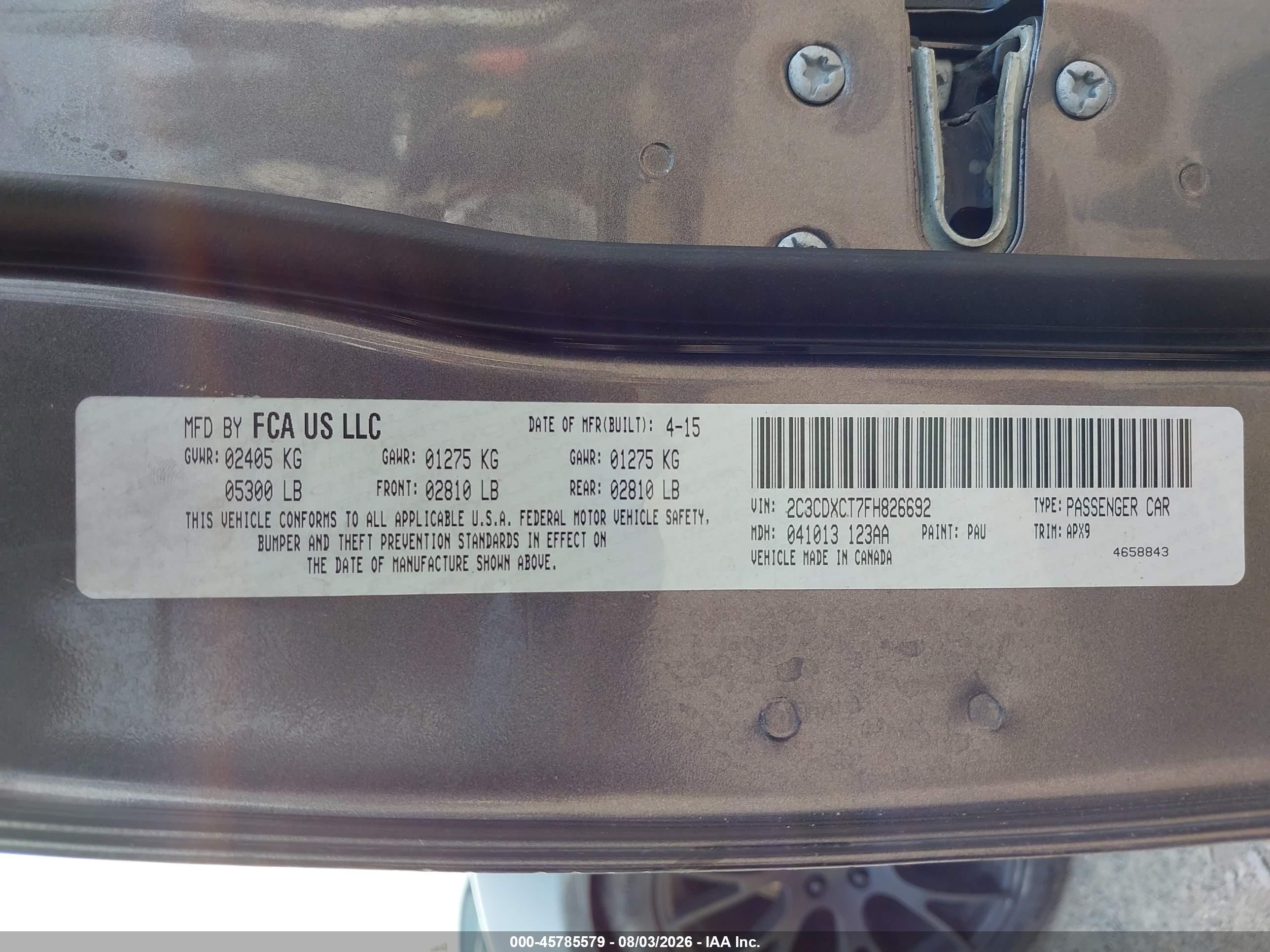 2015 Dodge Charger VIN 2C3CDXCT7FH826692 IAAI salvage auction — Theft, Bill Of Sale (Washington), sold $3,650 on 2026-09-11 (photo 9)