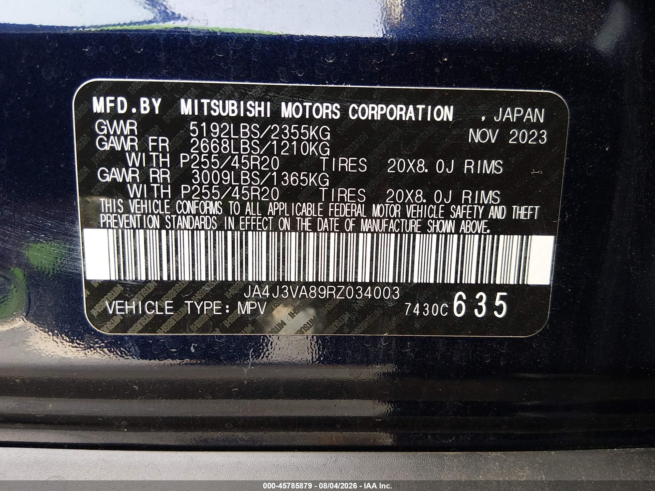 2024 Mitsubishi Outlander VIN JA4J3VA89RZ034003 IAAI salvage auction — Side, Salvage (Texas), sold $9,500 on 2026-09-11 (photo 9)