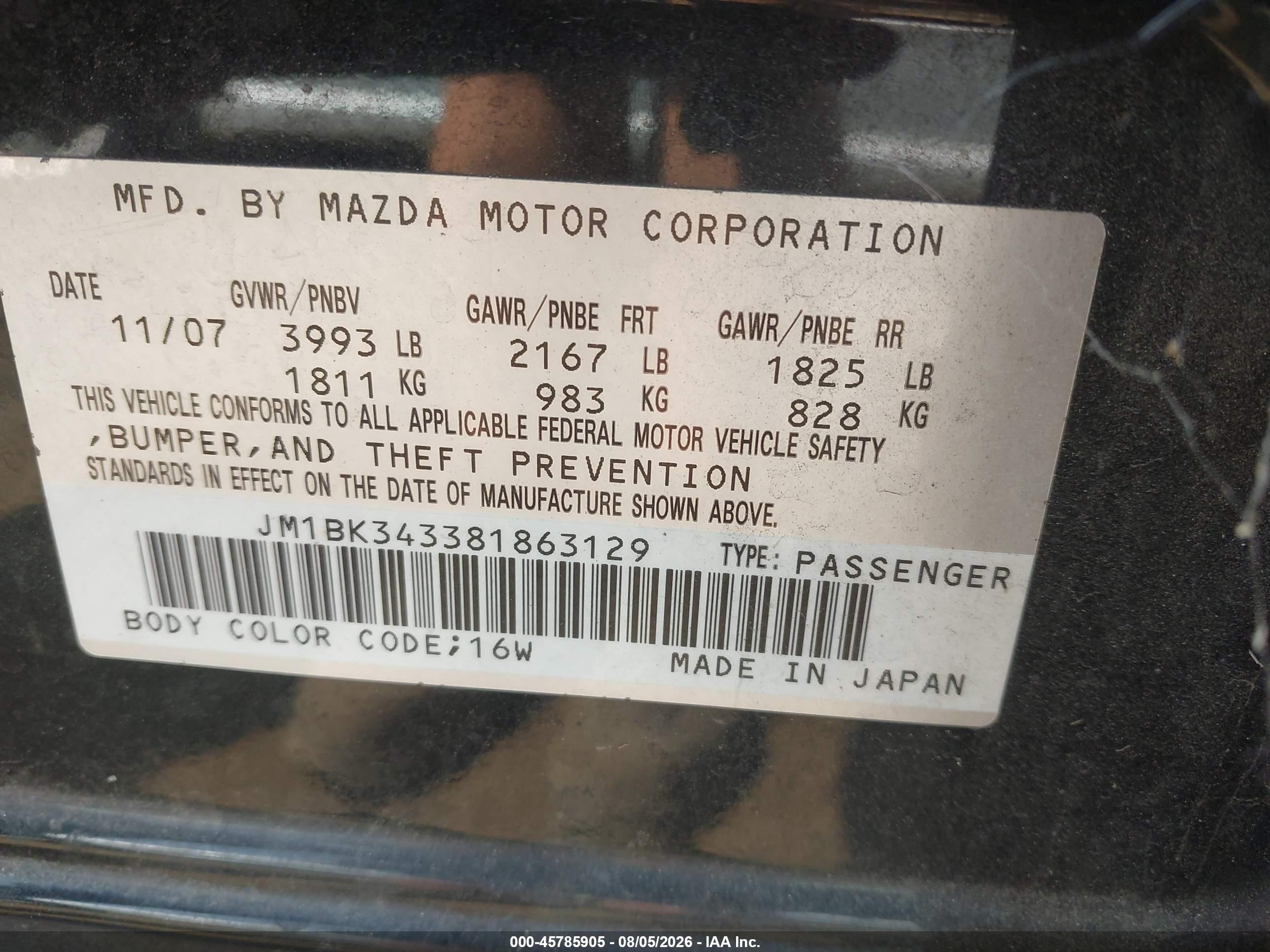 2008 Mazda 3 VIN JM1BK343381863129 IAAI salvage auction — Normal Wear, Clear (Washington), sold $400 on 2026-08-25 (photo 9)