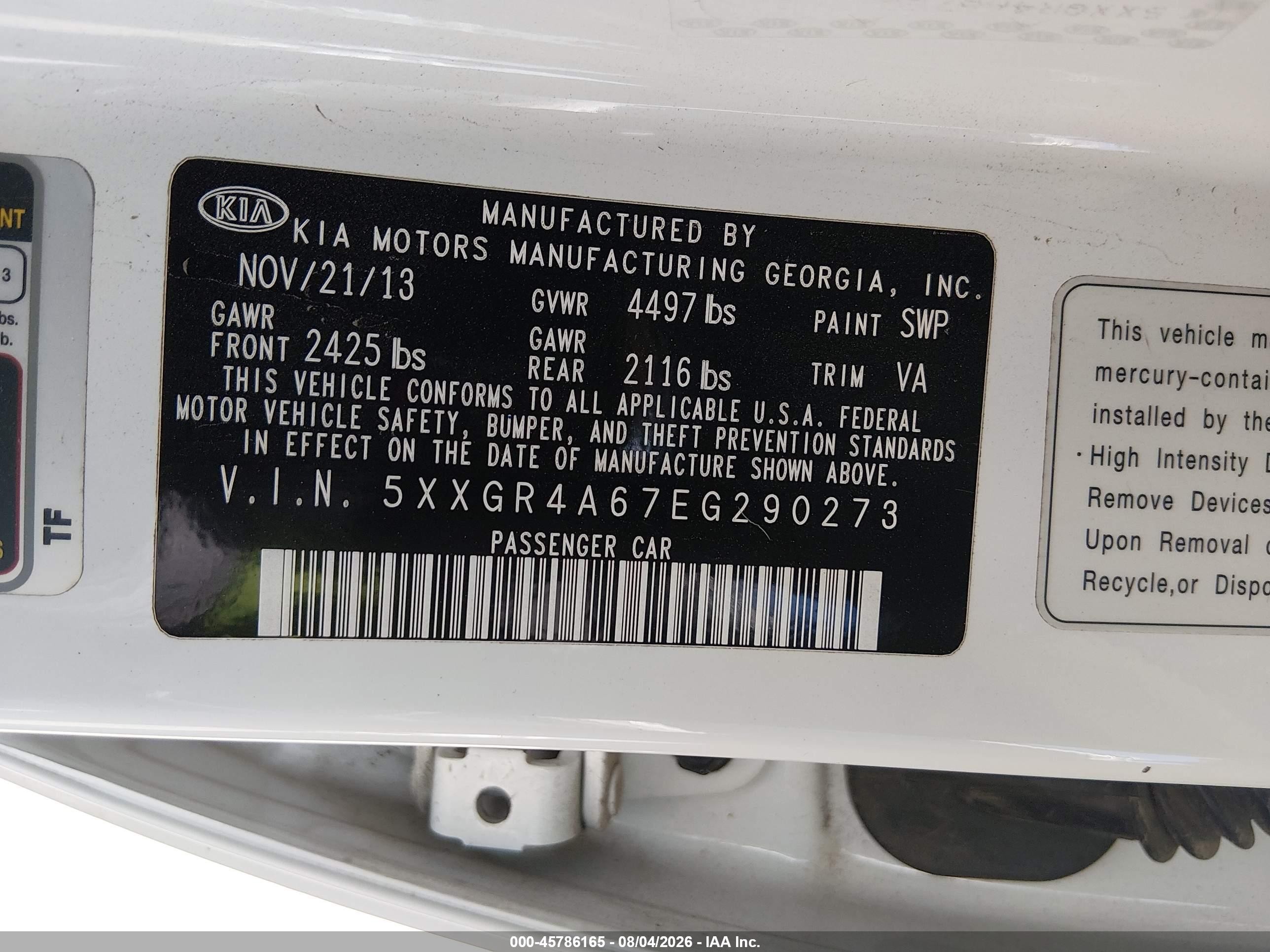 2014 Kia Optima VIN 5XXGR4A67EG290273 IAAI salvage auction — Front End, Original (Texas), sold $650 on 2026-09-09 (photo 9)