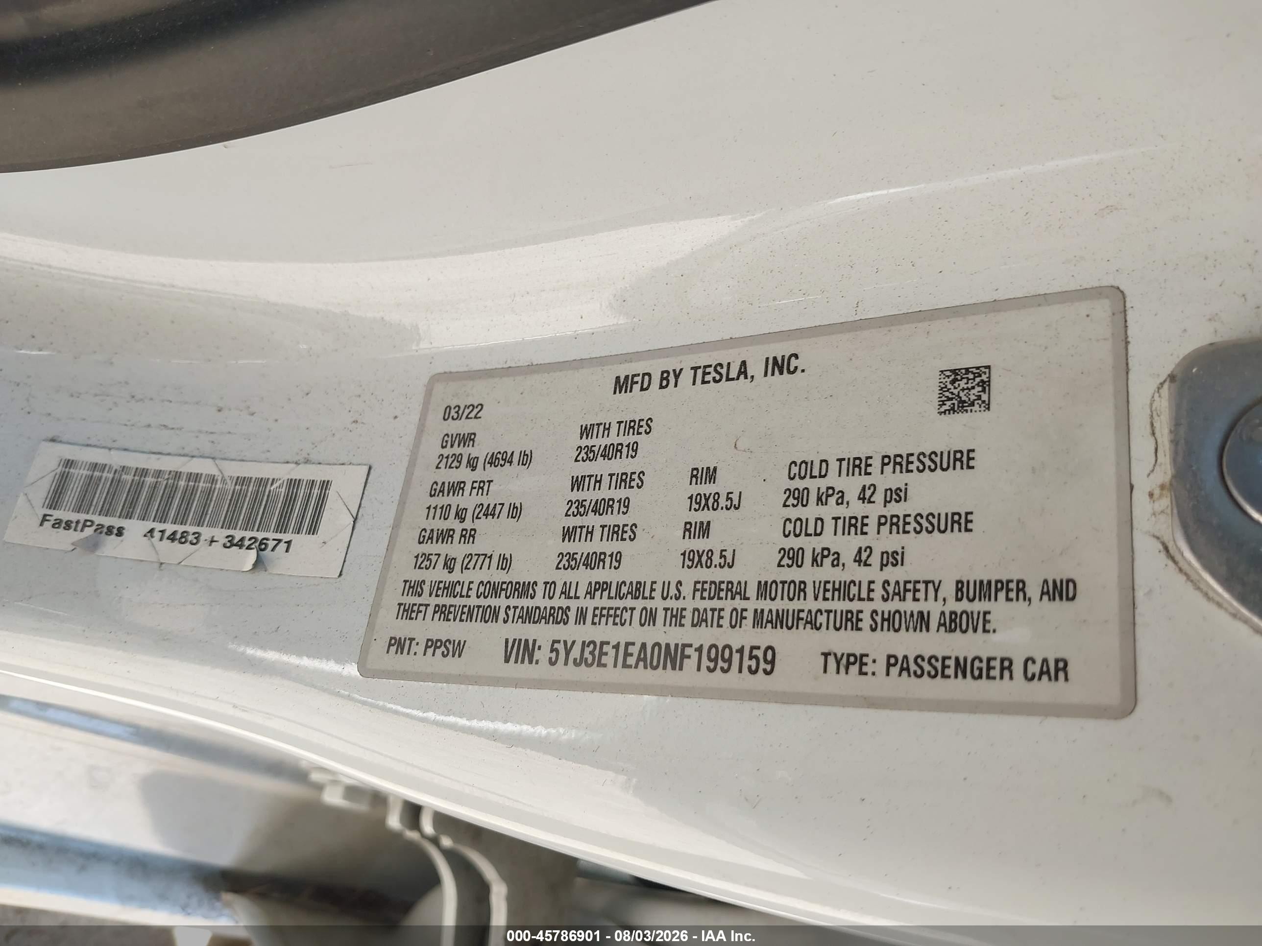 2022 Tesla Model 3 VIN 5YJ3E1EA0NF199159 IAAI salvage auction — Side, Salvage (California), sold $3,750 on 2026-09-27 (photo 9)