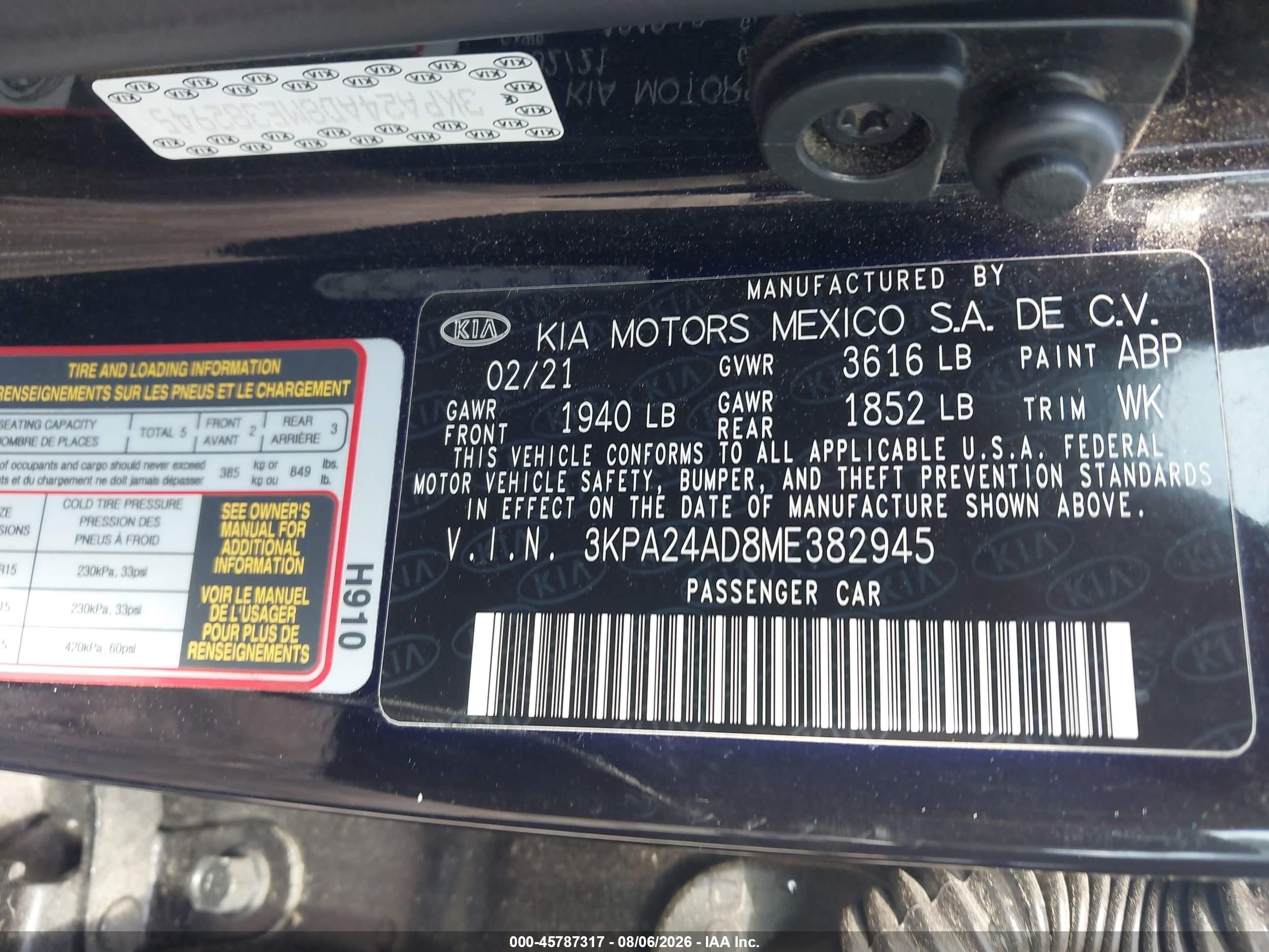 2021 Kia Rio VIN 3KPA24AD8ME382945 IAAI salvage auction — Front End, Salvage (South Carolina), sold $1,900 on 2026-09-09 (photo 9)