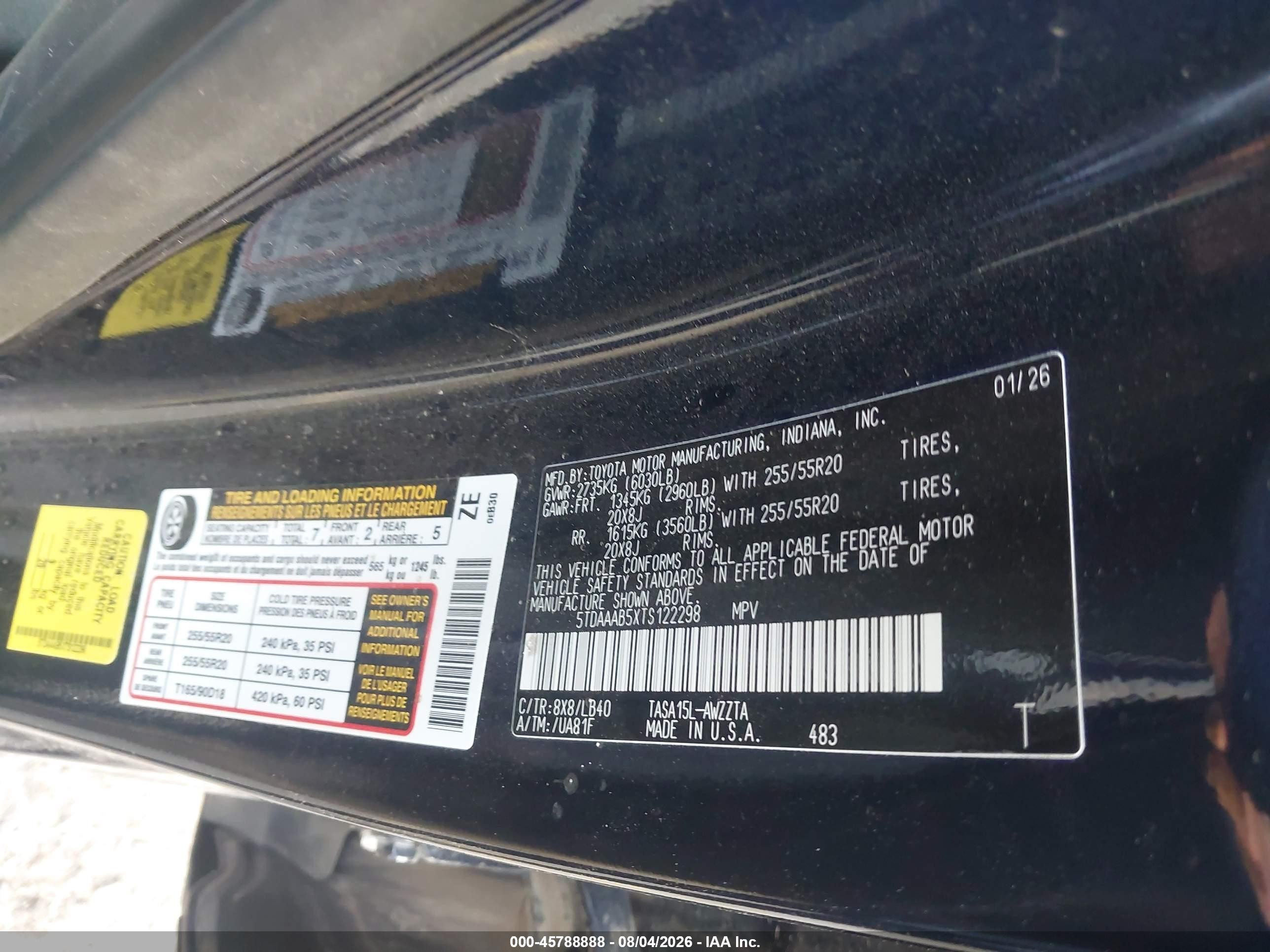 2026 Toyota Highlander VIN 5TDAAAB5XTS122298 IAAI salvage auction — Hail, Salvage (Colorado), sold $28,750 on 2026-09-13 (photo 9)