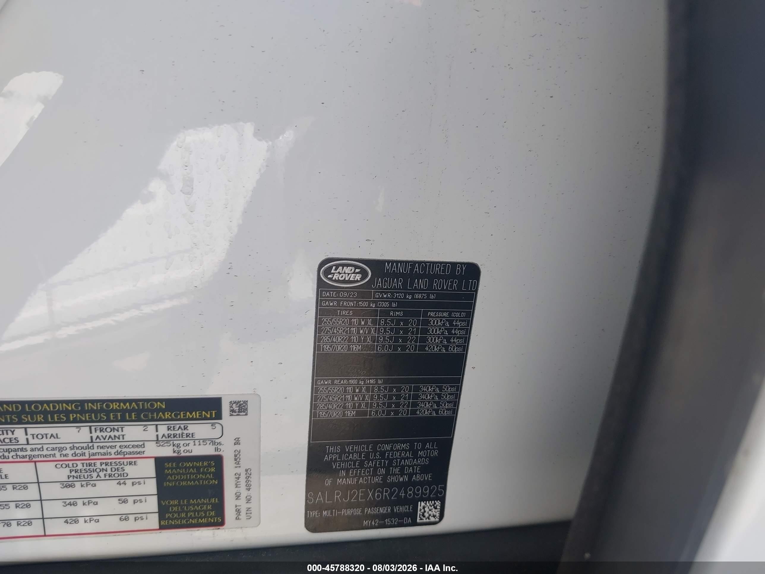 2024 Land Rover Discovery VIN SALRJ2EX6R2489925 IAAI salvage auction — Unknown, Salvage (California), sold $10,100 on 2026-09-24 (photo 9)