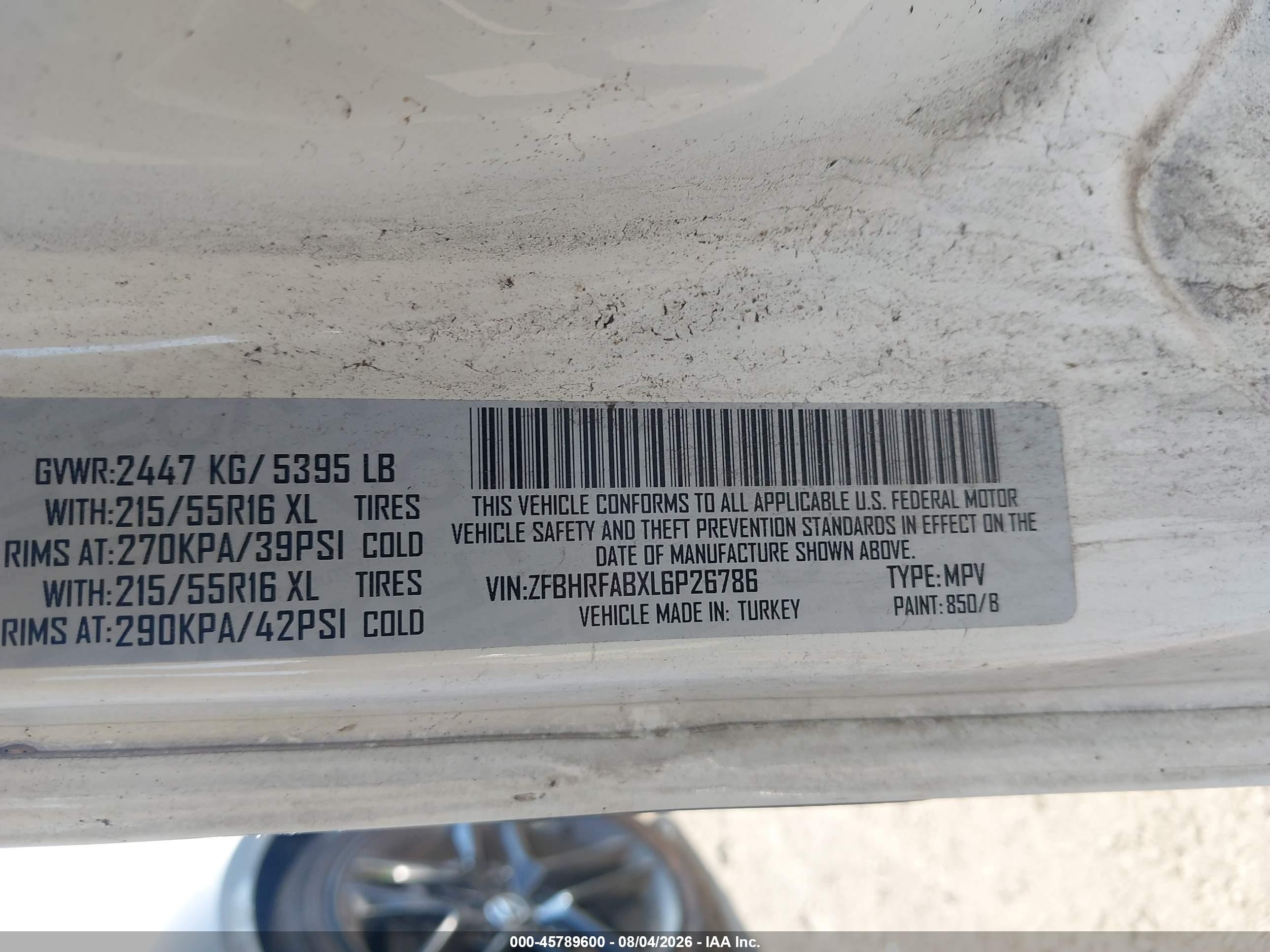 2020 Ram Promaster city VIN ZFBHRFABXL6P26786 IAAI salvage auction — Normal Wear, Original (Ohio), sold $525 on 2026-09-08 (photo 9)