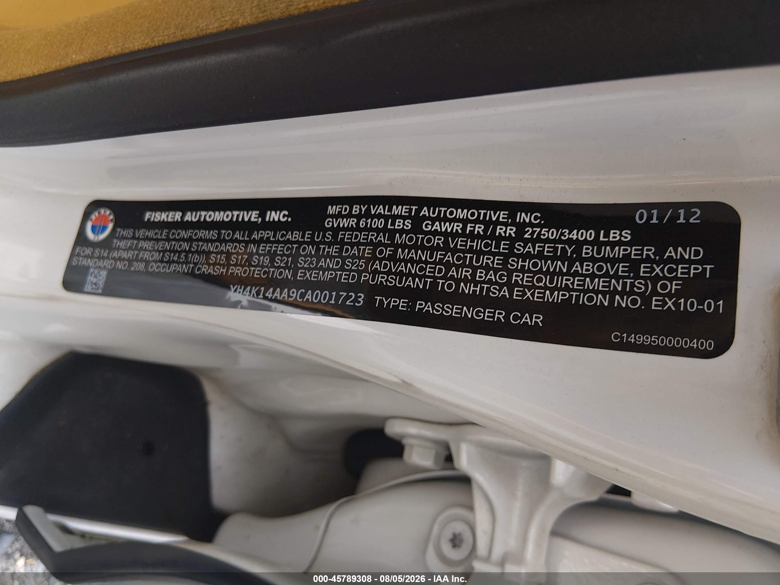 2012 Fisker Karma VIN YH4K14AA9CA001723 IAAI salvage auction — Front End, Salvage (Pennsylvania), sold $3,700 on 2026-09-08 (photo 9)