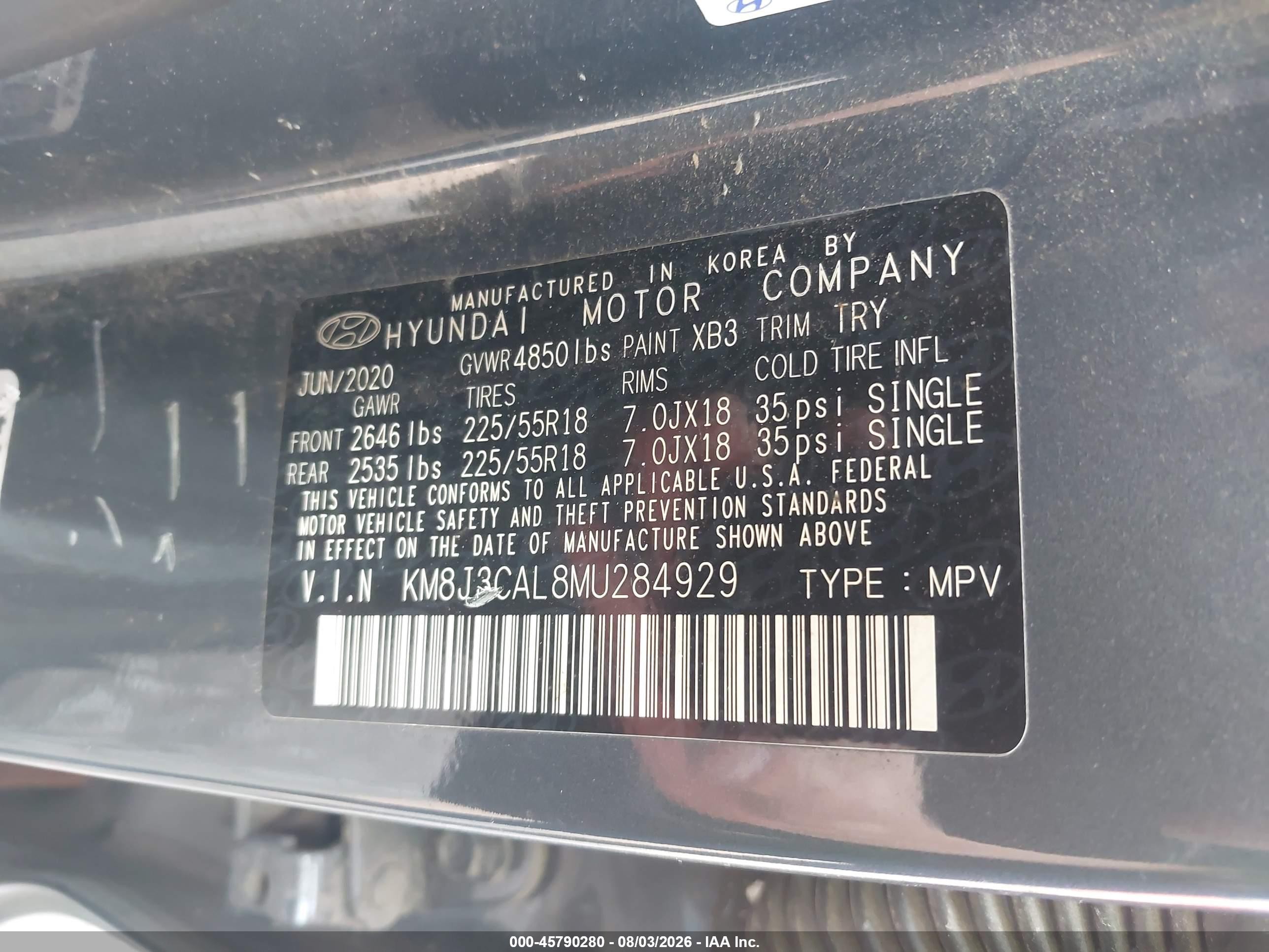 2021 Hyundai Tucson VIN KM8J3CAL8MU284929 IAAI salvage auction — Front & Rear, Salvage (Oregon), sold $4,400 on 2026-10-11 (photo 9)