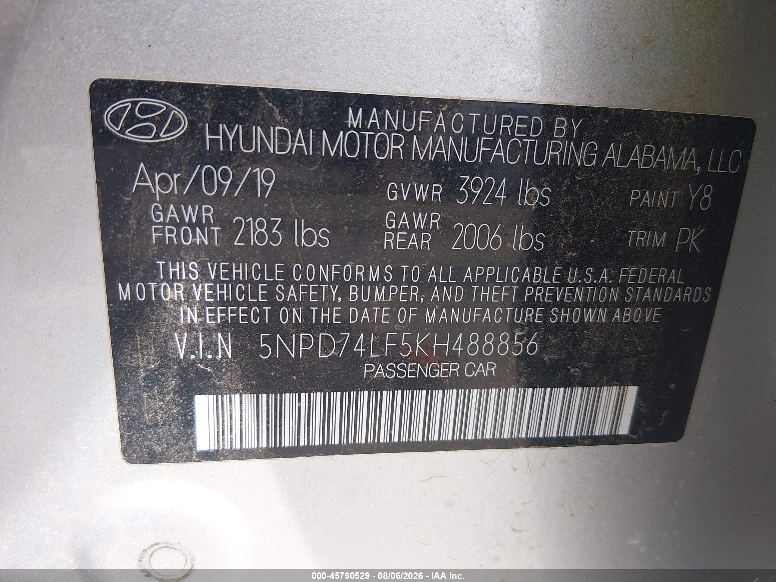 2019 Hyundai Elantra VIN 5NPD74LF5KH488856 IAAI salvage auction — Rear End, Salvage (New Mexico), sold $2,250 on 2026-09-07 (photo 9)