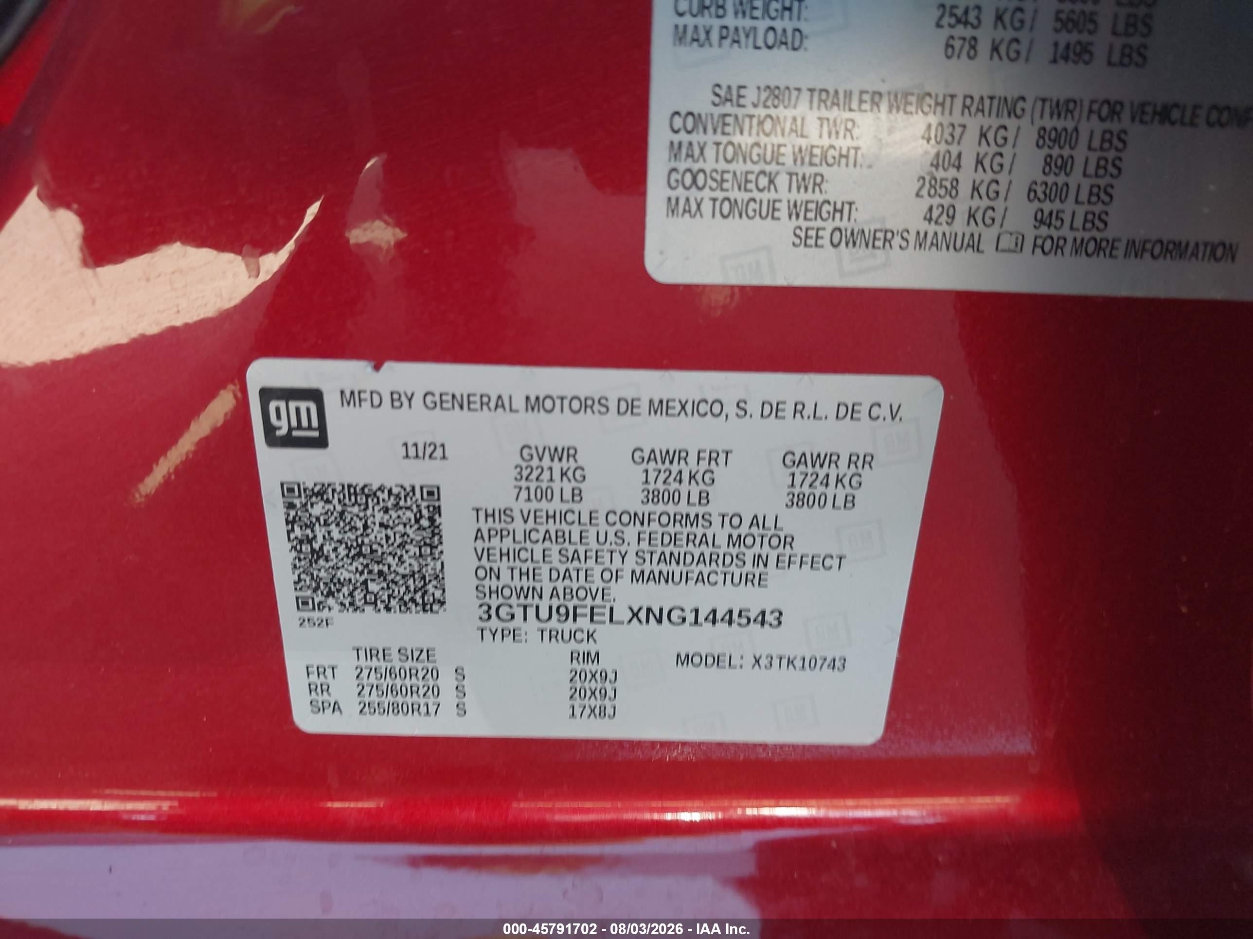 2022 Gmc Sierra 1500 limited VIN 3GTU9FELXNG144543 IAAI salvage auction — Unknown, Salvage (California), sold $16,100 on 2026-08-19 (photo 9)