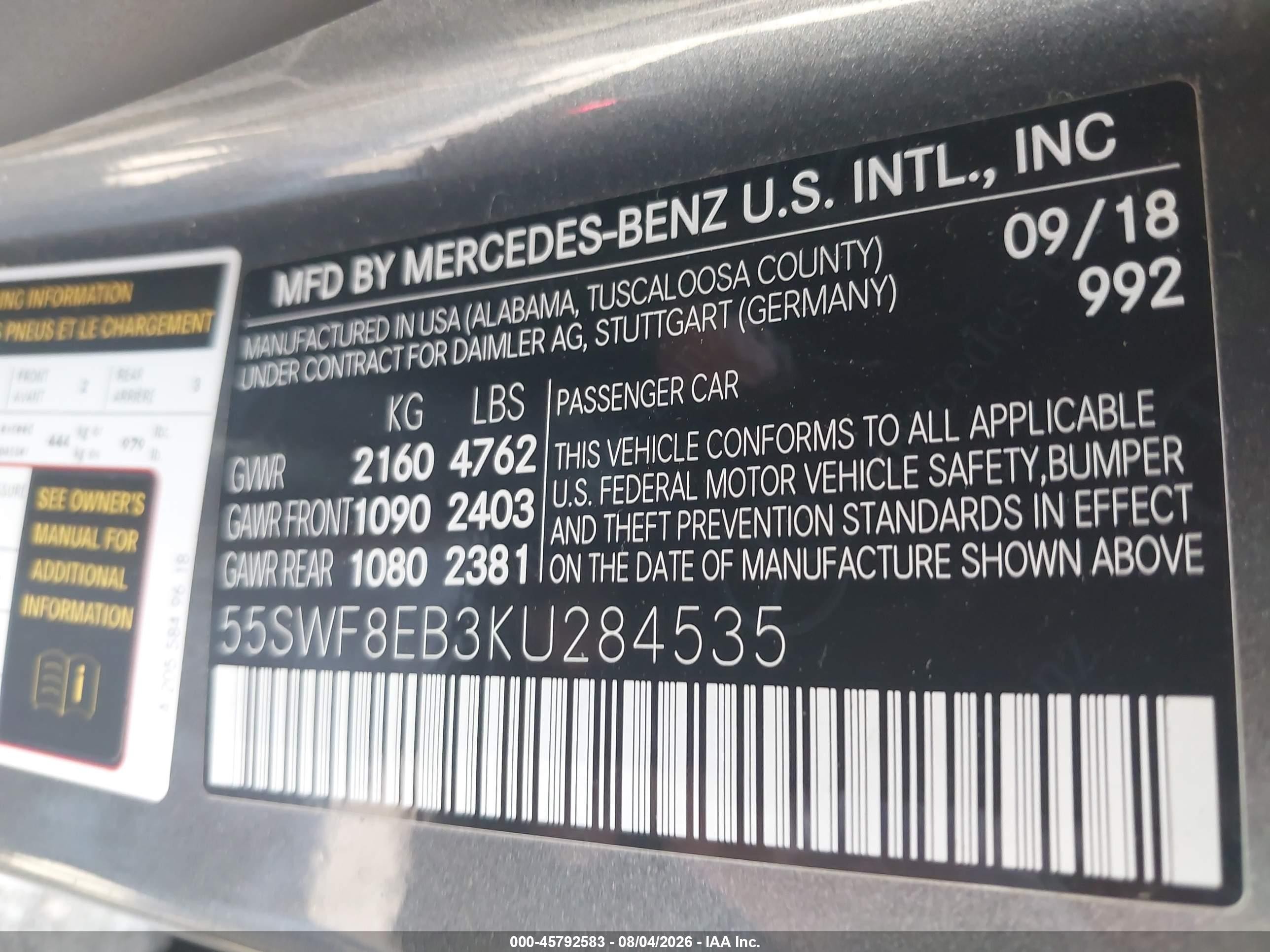 2019 Mercedes-benz C-klasse VIN 55SWF8EB3KU284535 IAAI salvage auction — Rear End, Salvage (Idaho), sold $10,400 on 2026-09-11 (photo 9)