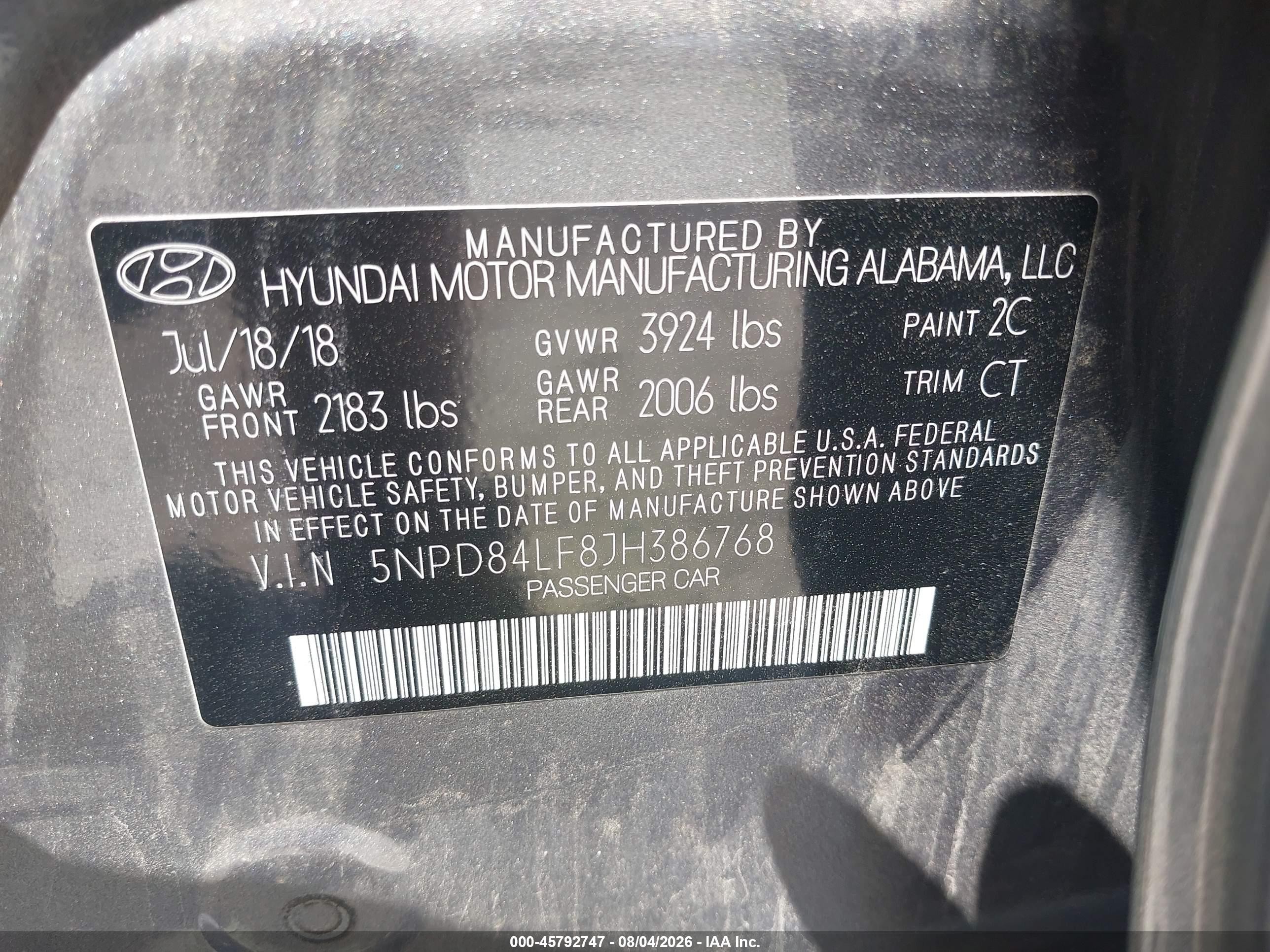 2018 Hyundai Elantra VIN 5NPD84LF8JH386768 IAAI salvage auction — Unknown, Salvage (Ohio), sold $1,750 on 2026-09-09 (photo 9)