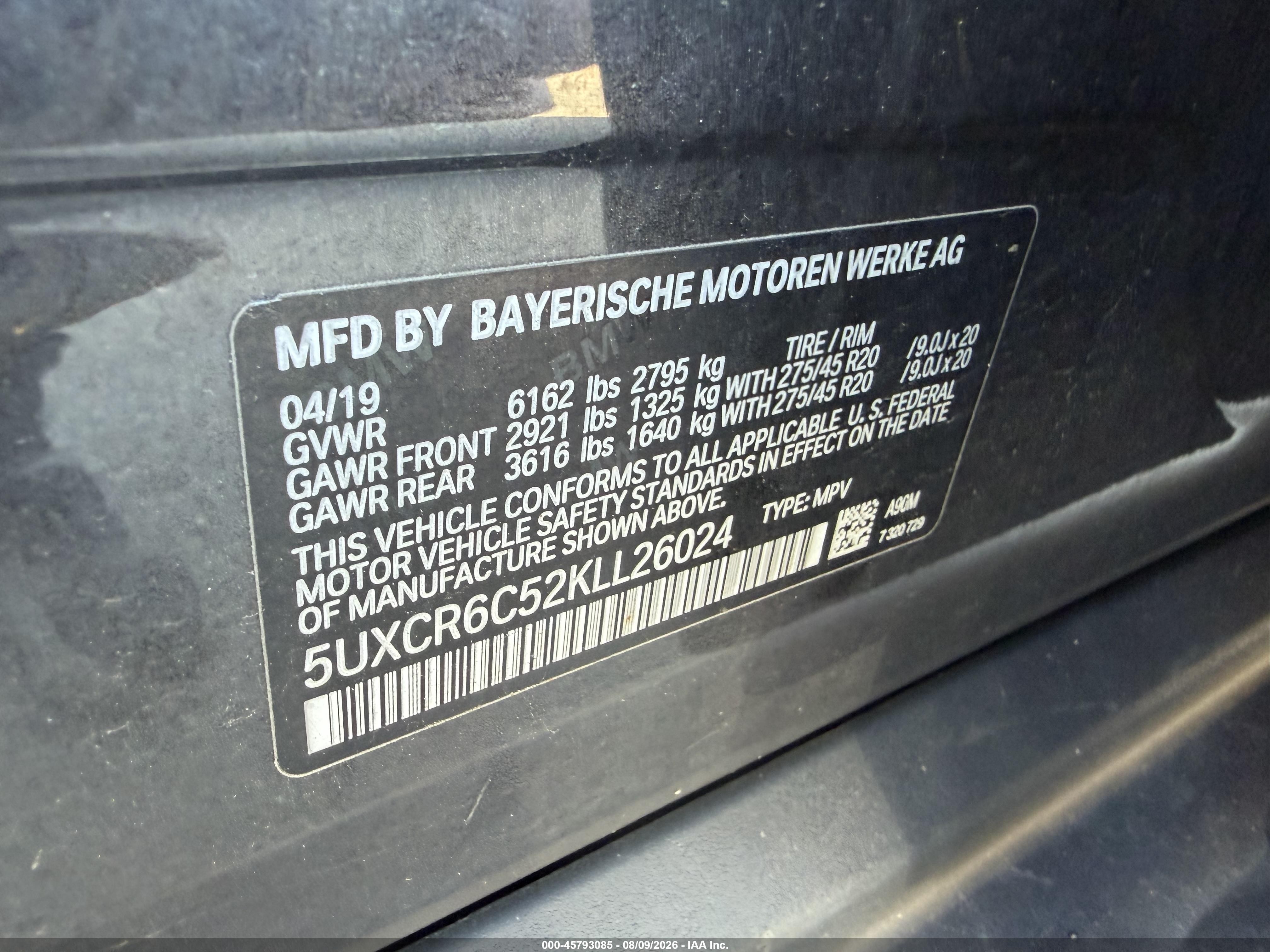 2019 BMW X5 VIN 5UXCR6C52KLL26024 IAAI salvage auction — Normal Wear, Clear (Massachusetts), sold $5,600 on 2026-08-19 (photo 8)