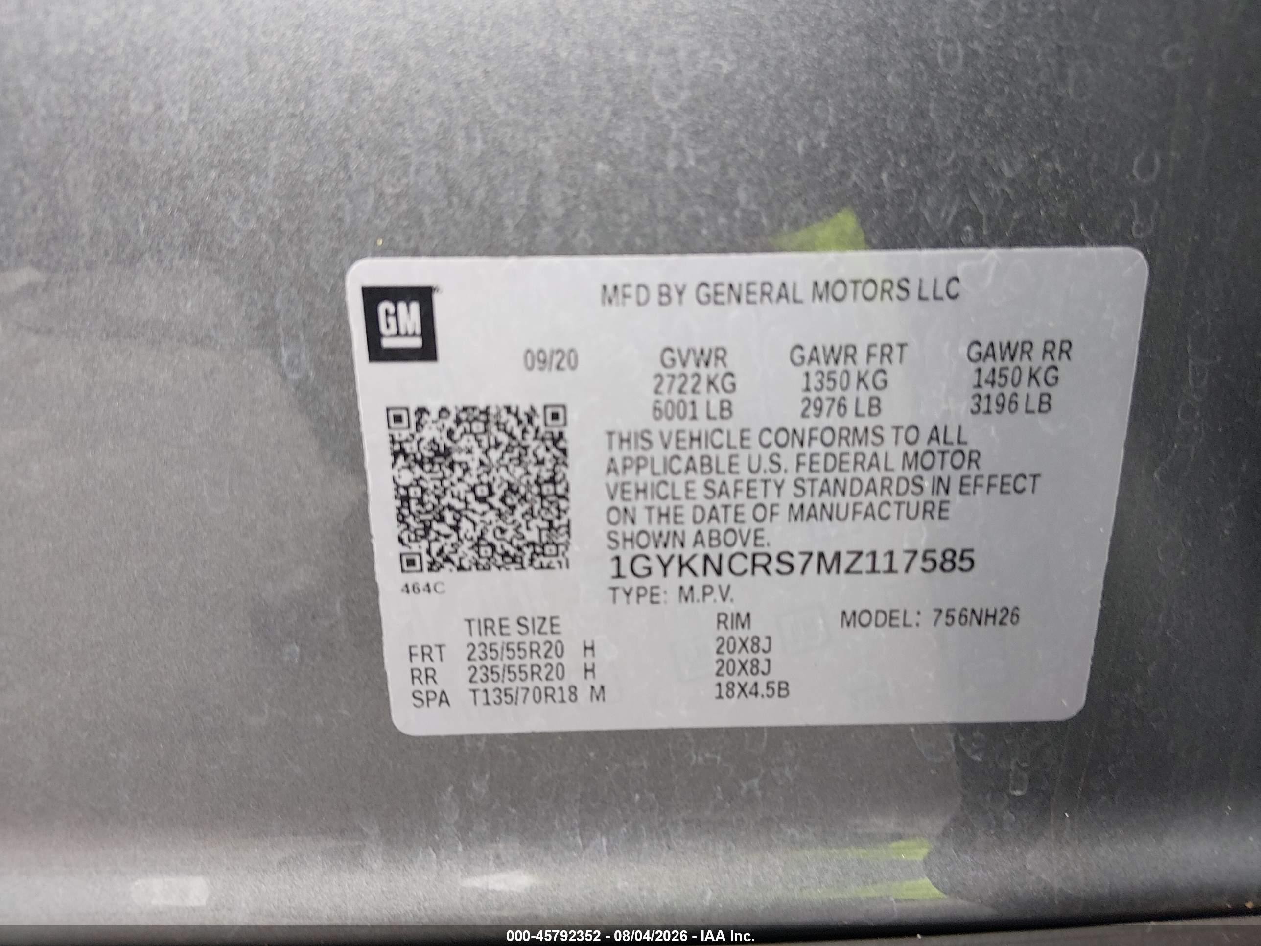 2021 Cadillac Xt5 VIN 1GYKNCRS7MZ117585 IAAI salvage auction — Side, Rebuildable (Florida), sold $7,850 on 2026-10-10 (photo 9)