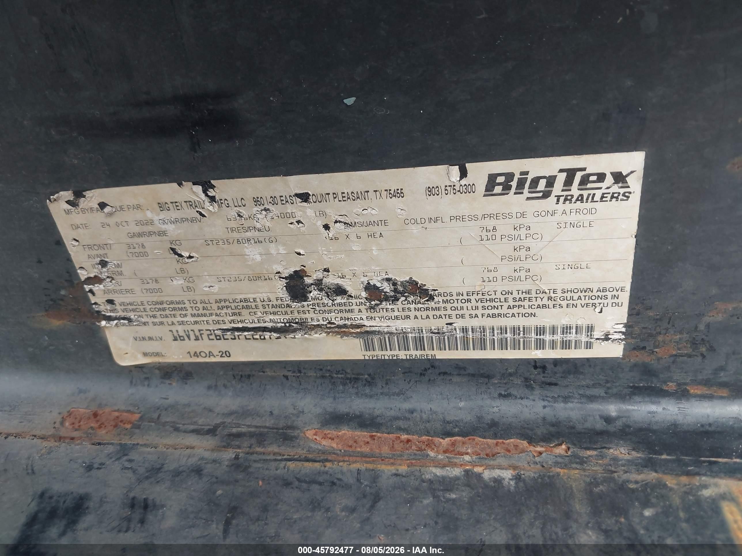 2023 Big Tex Trailer Co Inc Unknown VIN 16V1F2625P2267175 IAAI salvage auction — Front End, Salvage (Texas), sold $1,500 on 2026-09-23 (photo 9)